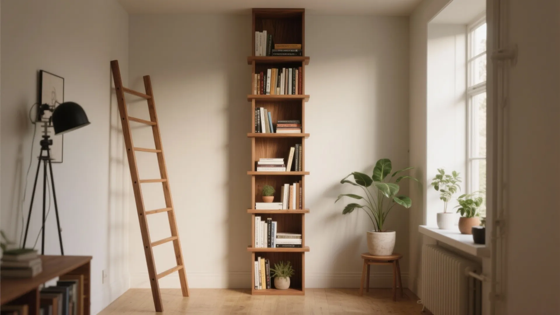 Tall narrow wooden bookshelf in a bright minimalist room with a ladder and green plants