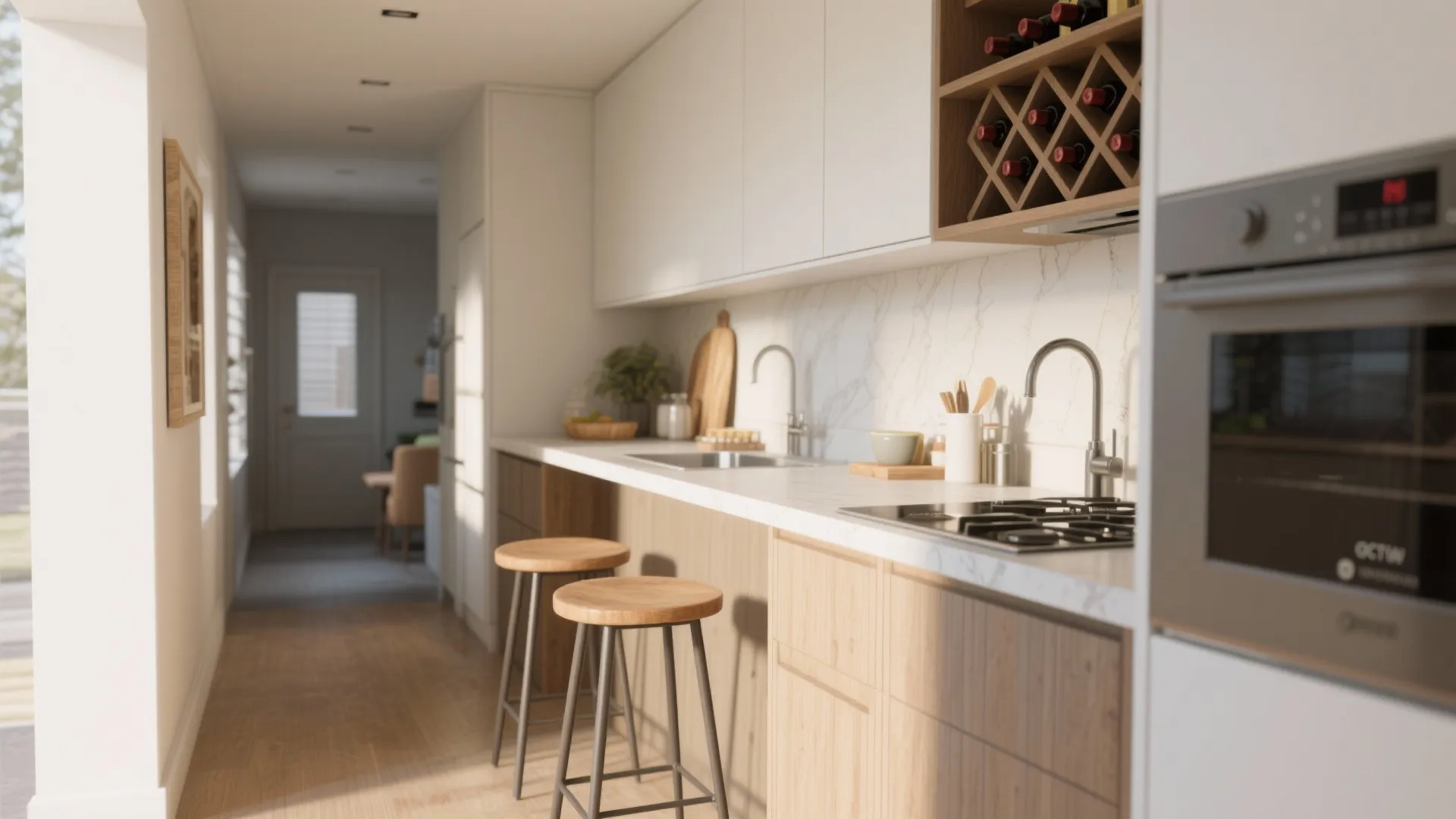 3. Narrow breakfast bar with stools and storage