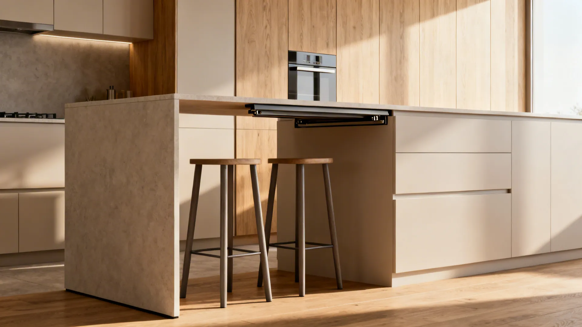 Narrow cantilevered breakfast bar tucked into the short leg of an L-shaped kitchen with fold-down top.