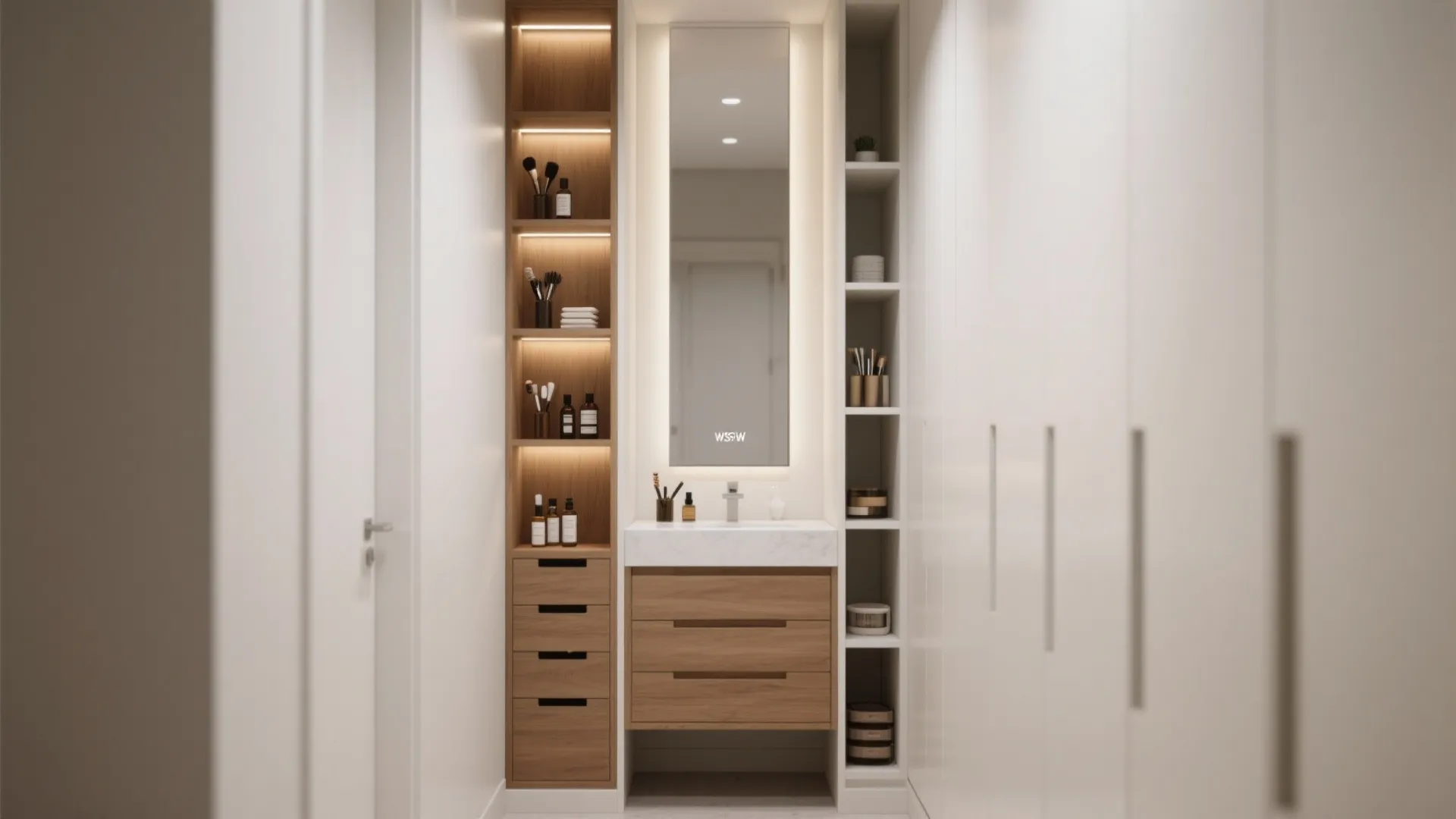 Narrow built-in vanity between white walls with tall lighted mirror, wood shelves, and storage drawers