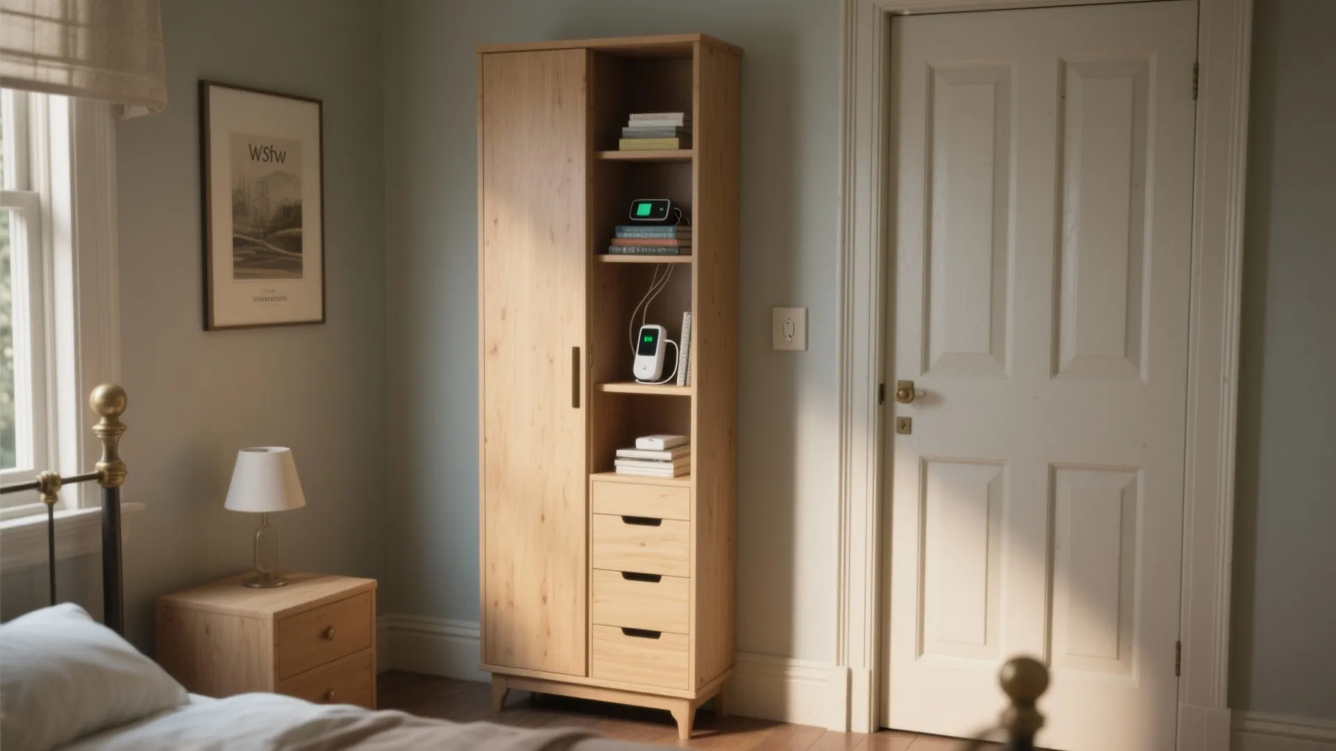 Slim wooden cabinet with shelves and drawers standing next to a white door in bedroom