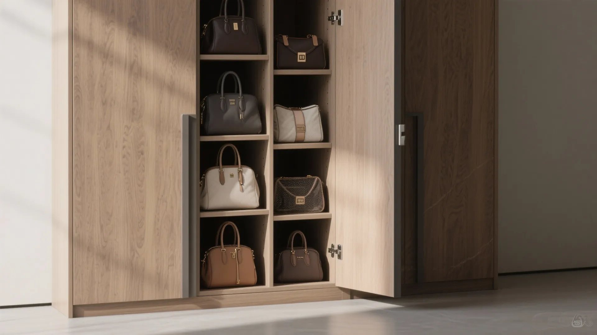Wooden cabinet with open doors showing neatly organized leather handbags on multiple shelves for storage