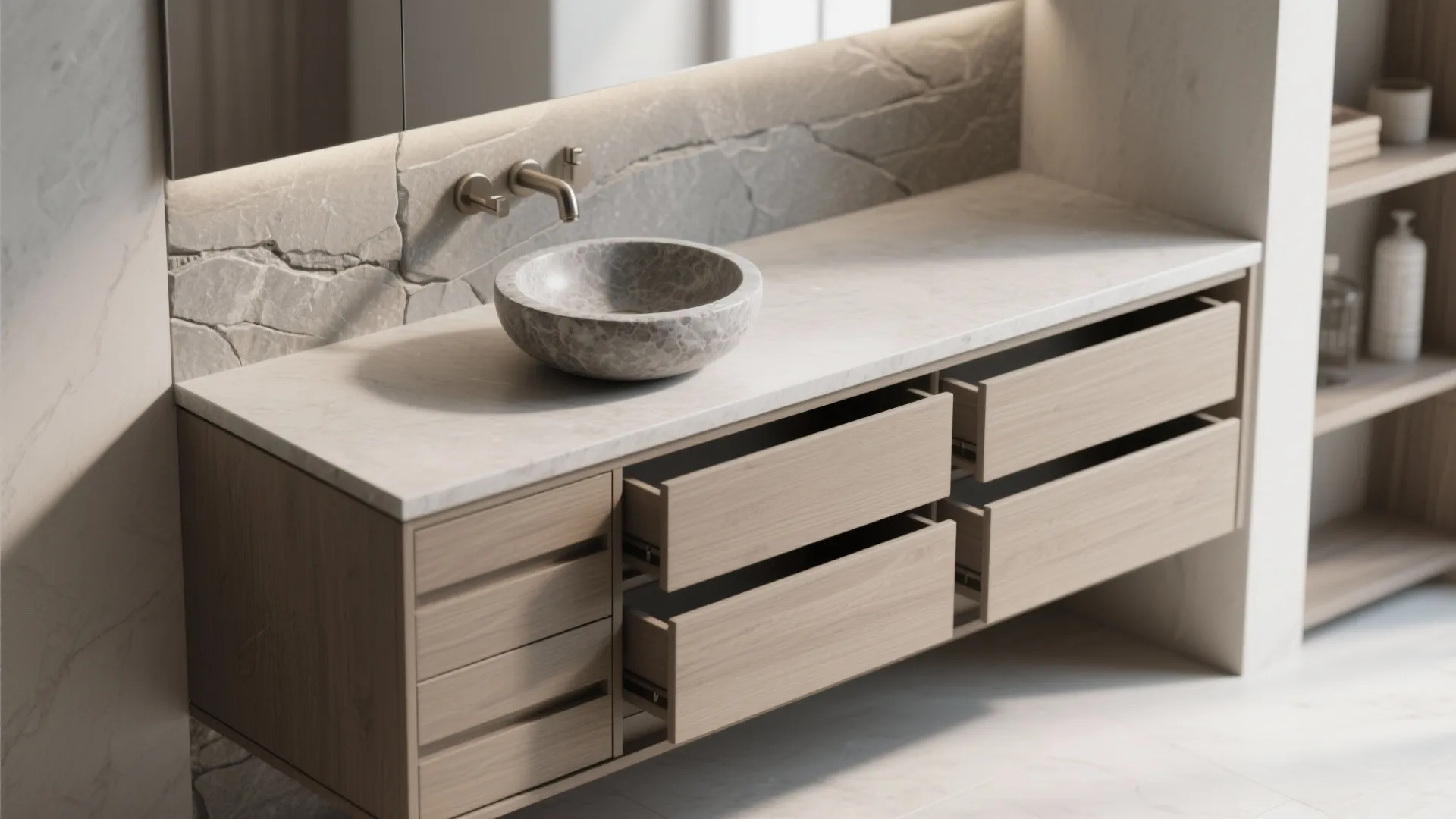 3. Narrow Cabinet with Counter-Mounted Vessel