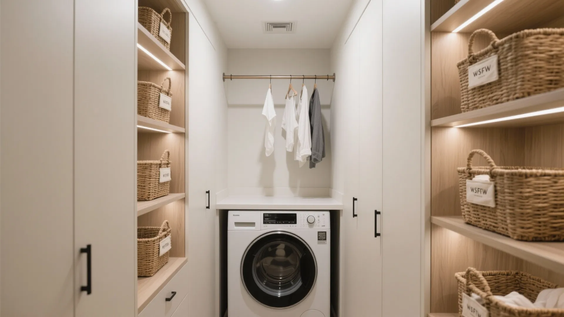 Small laundry room layout with white washing machine white cabinets hanging clothes and woven baskets