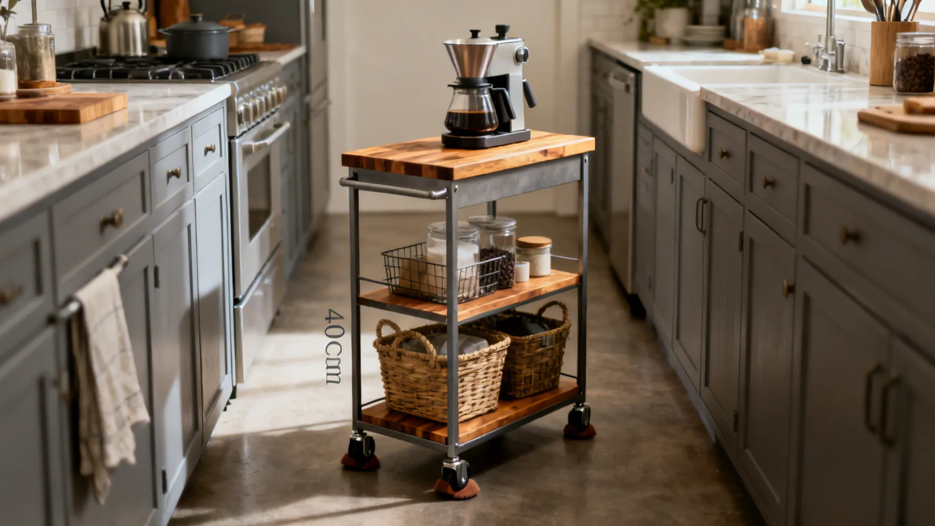 Slim rolling cart with butcher block top in a narrow galley kitchen maintaining wide walkways.