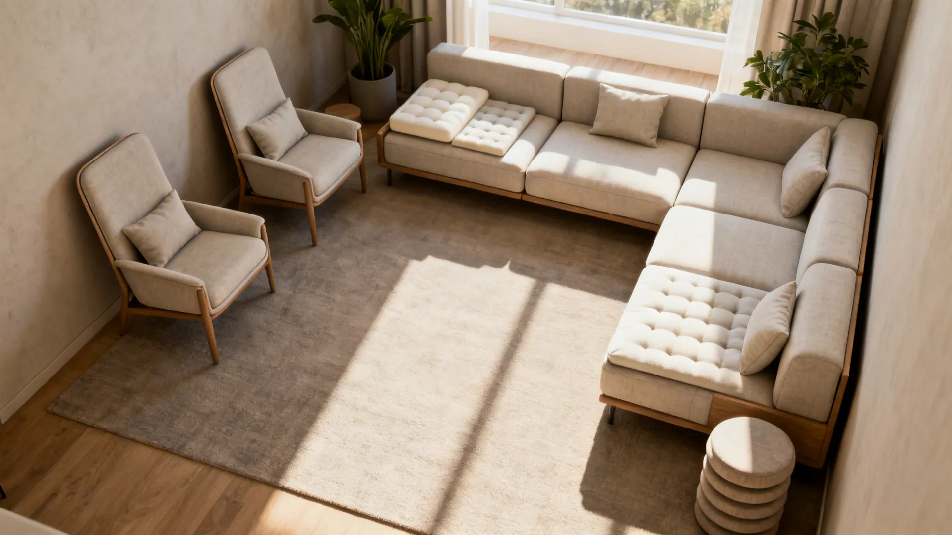 Narrow armchairs and modular seating arranged for flexible layouts in a small room