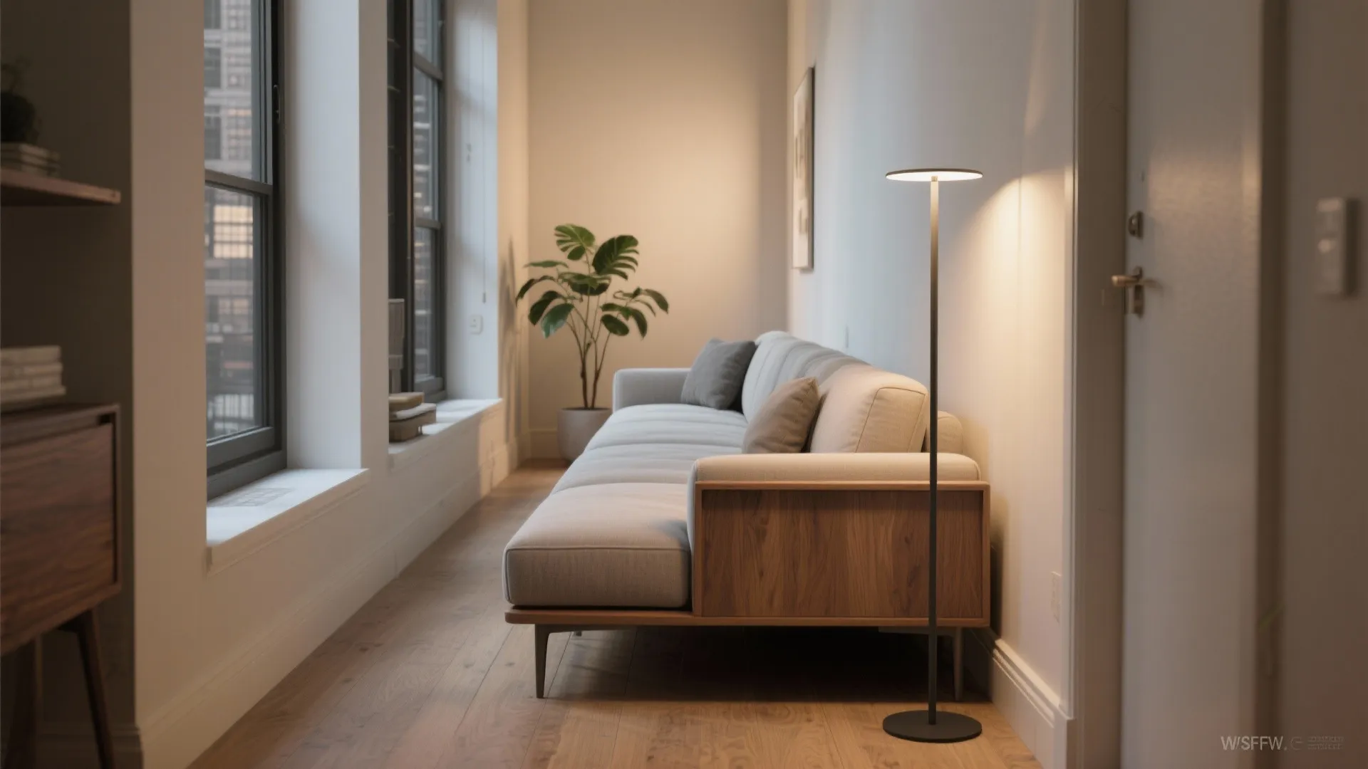 Narrow living room with long grey sofa and floor light fixture near green potted plant