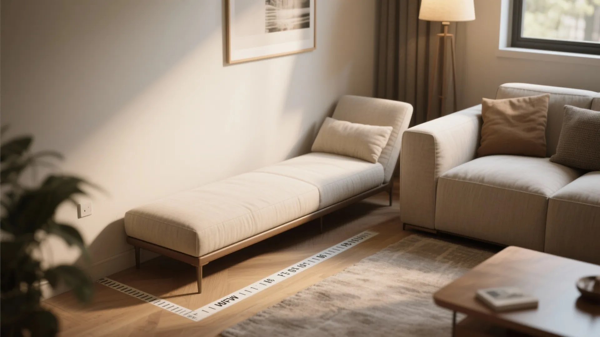 Modern living room with a beige sofa bed placed on wood floor near large windows