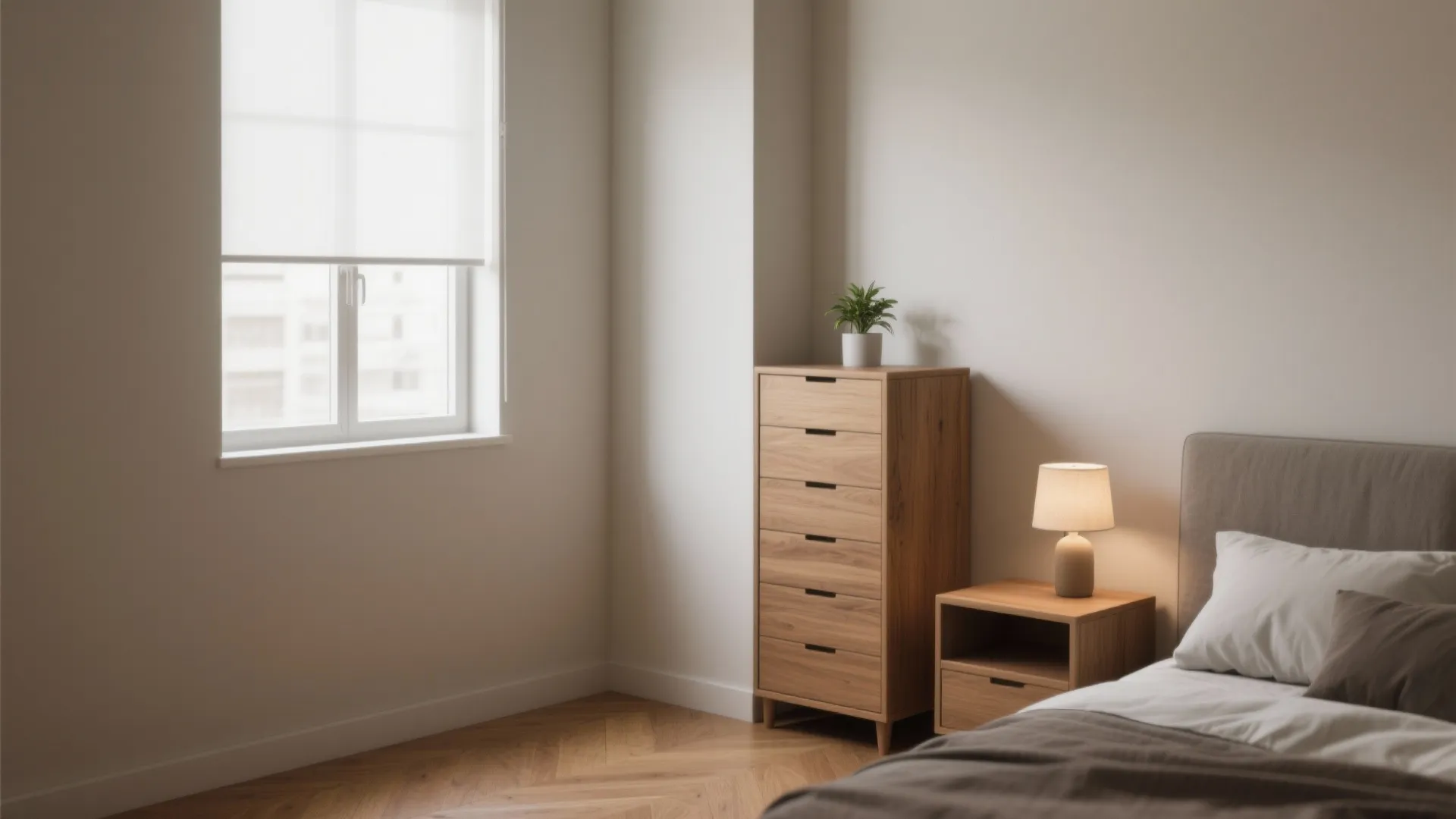 Tall wooden storage cabinet next to a small nightstand with a lamp in a minimalist bedroom