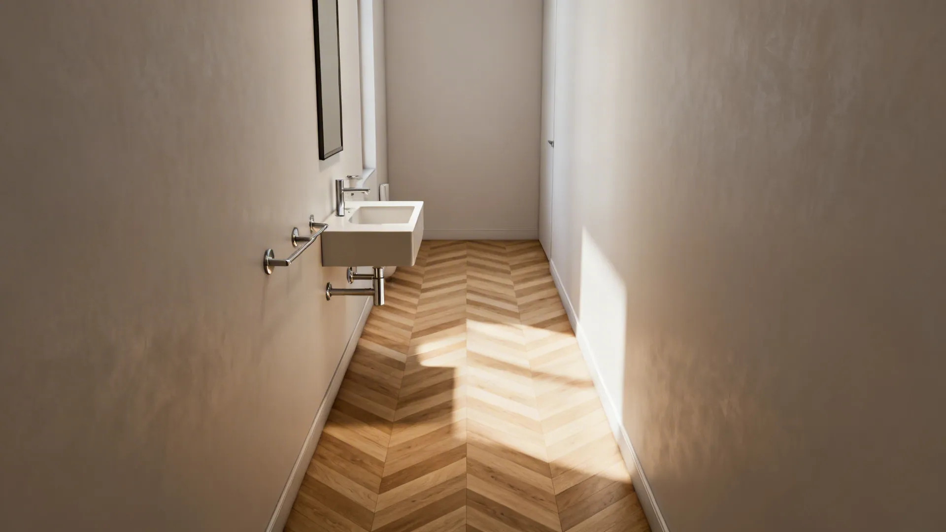 Compact bathroom with narrow chevron vinyl floor creating visual depth