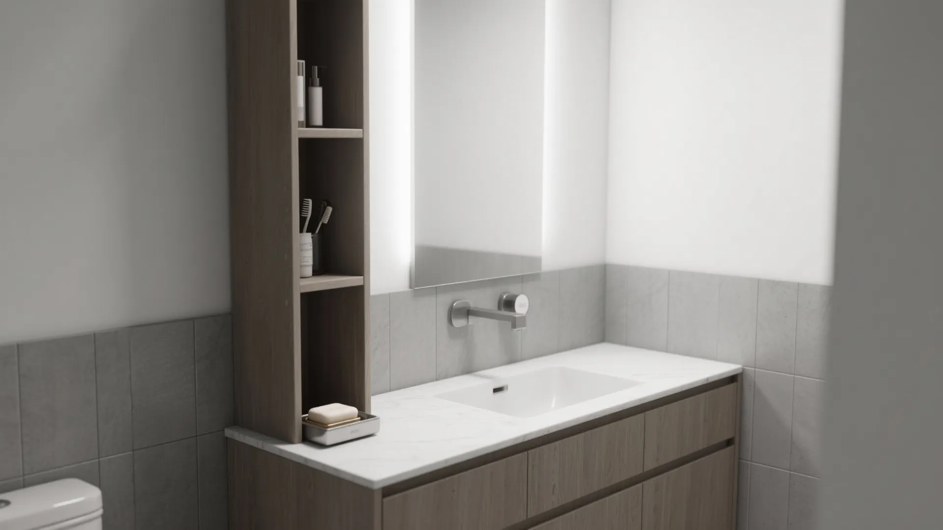 Modern bathroom interior design showing a wooden cabinet with white marble sink and vertical mirror
