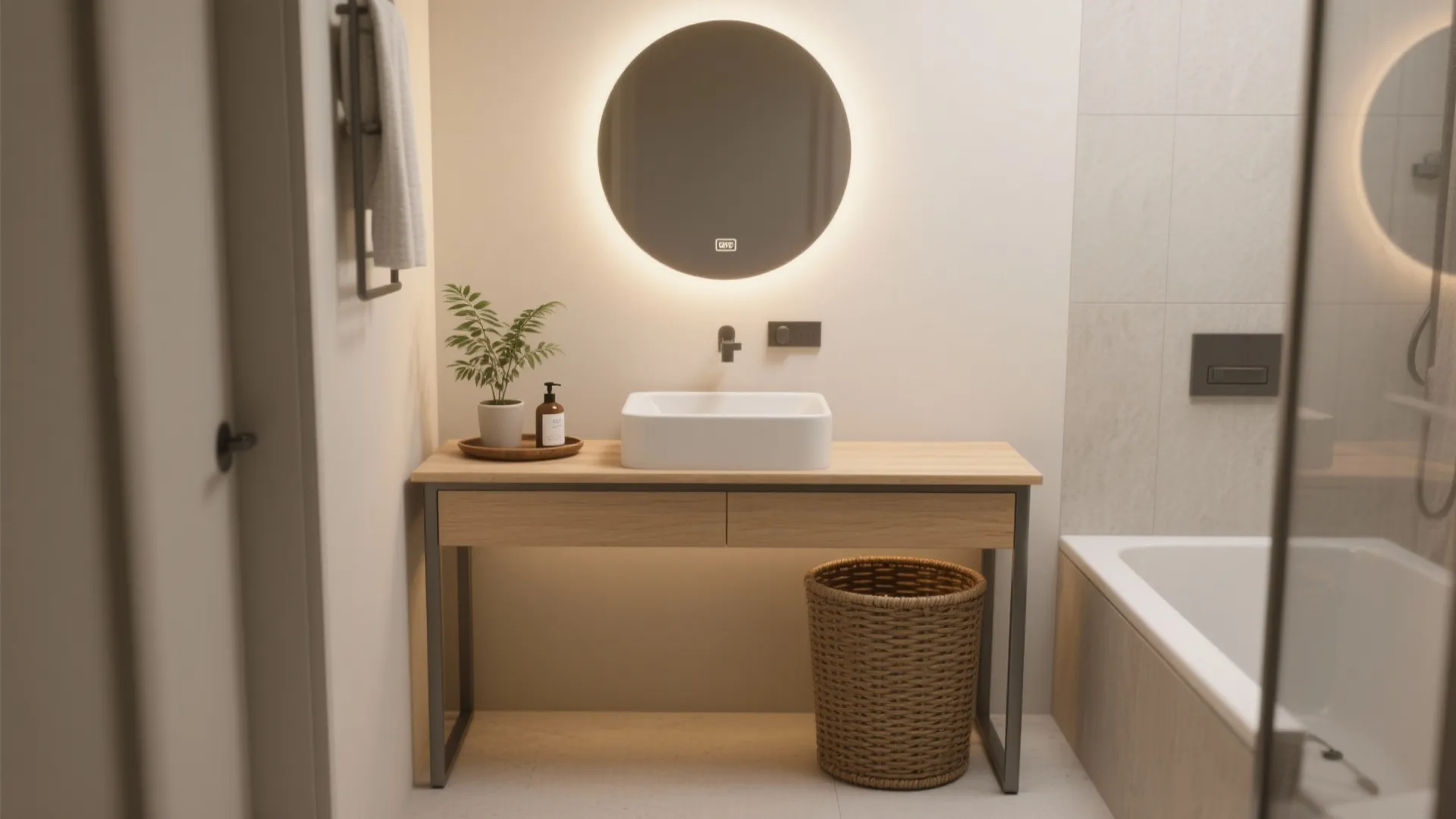 Slim narrow console table used as a minimalist vanity with round mirror, small drawer and basket underneath in a tight bathroom.