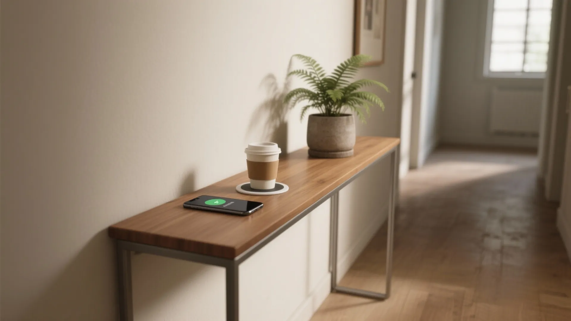 Slim wooden table in hallway with a mobile phone, coffee cup, and green potted plant