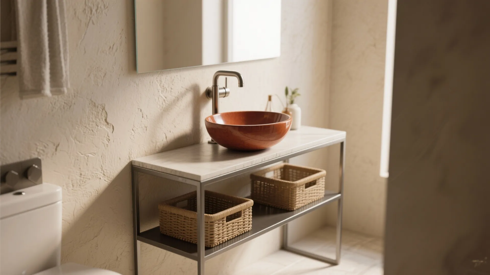 Narrow console vanities with vessel sinks