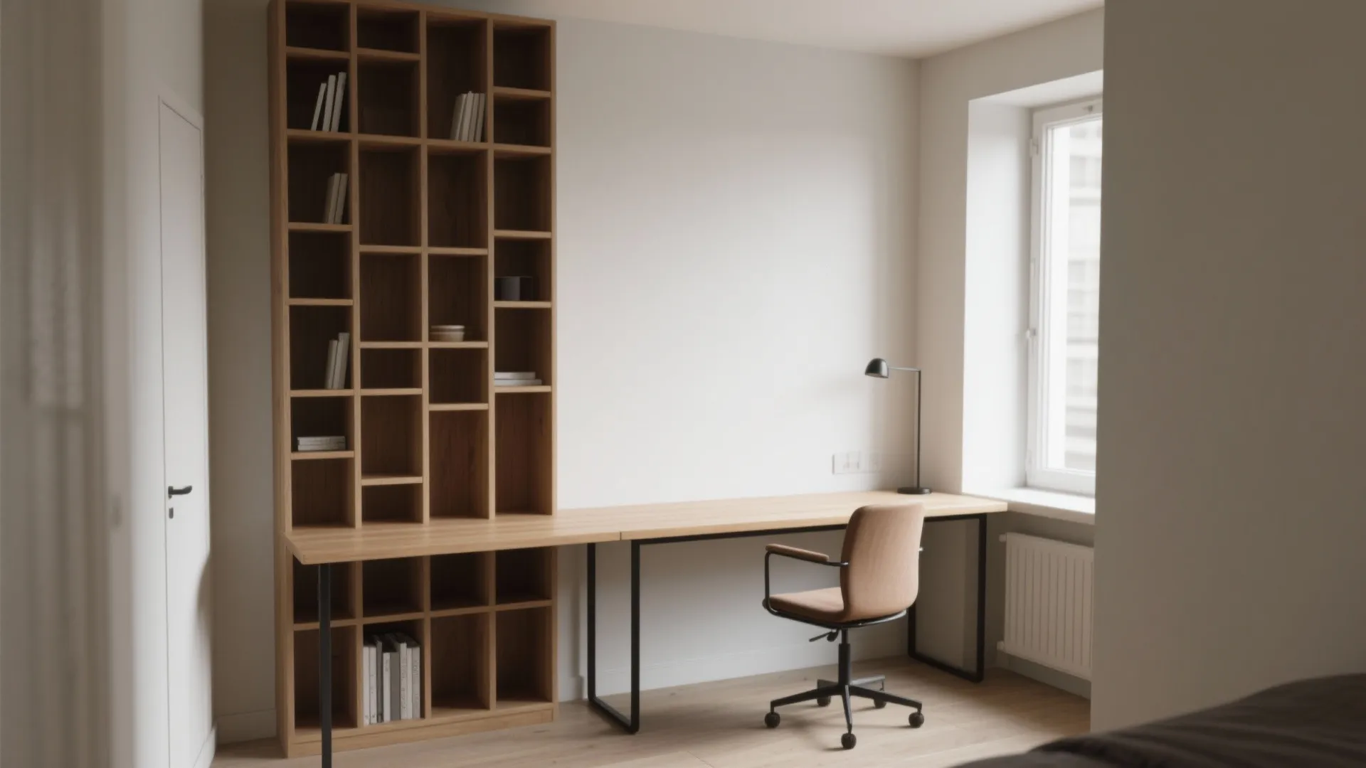 Slim console desk with tall shelving and a narrow chair tucked under, showing efficient vertical storage.