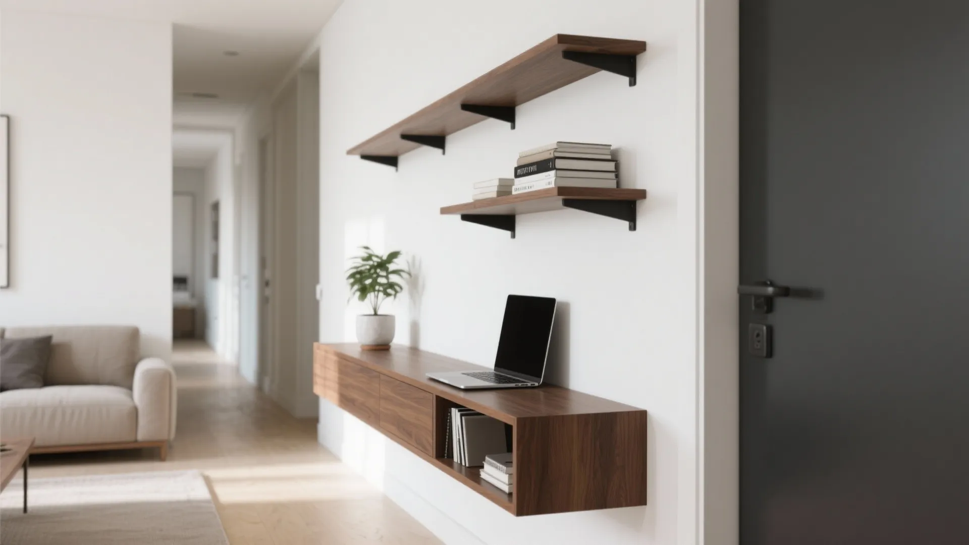 2. Narrow console desk with floating storage