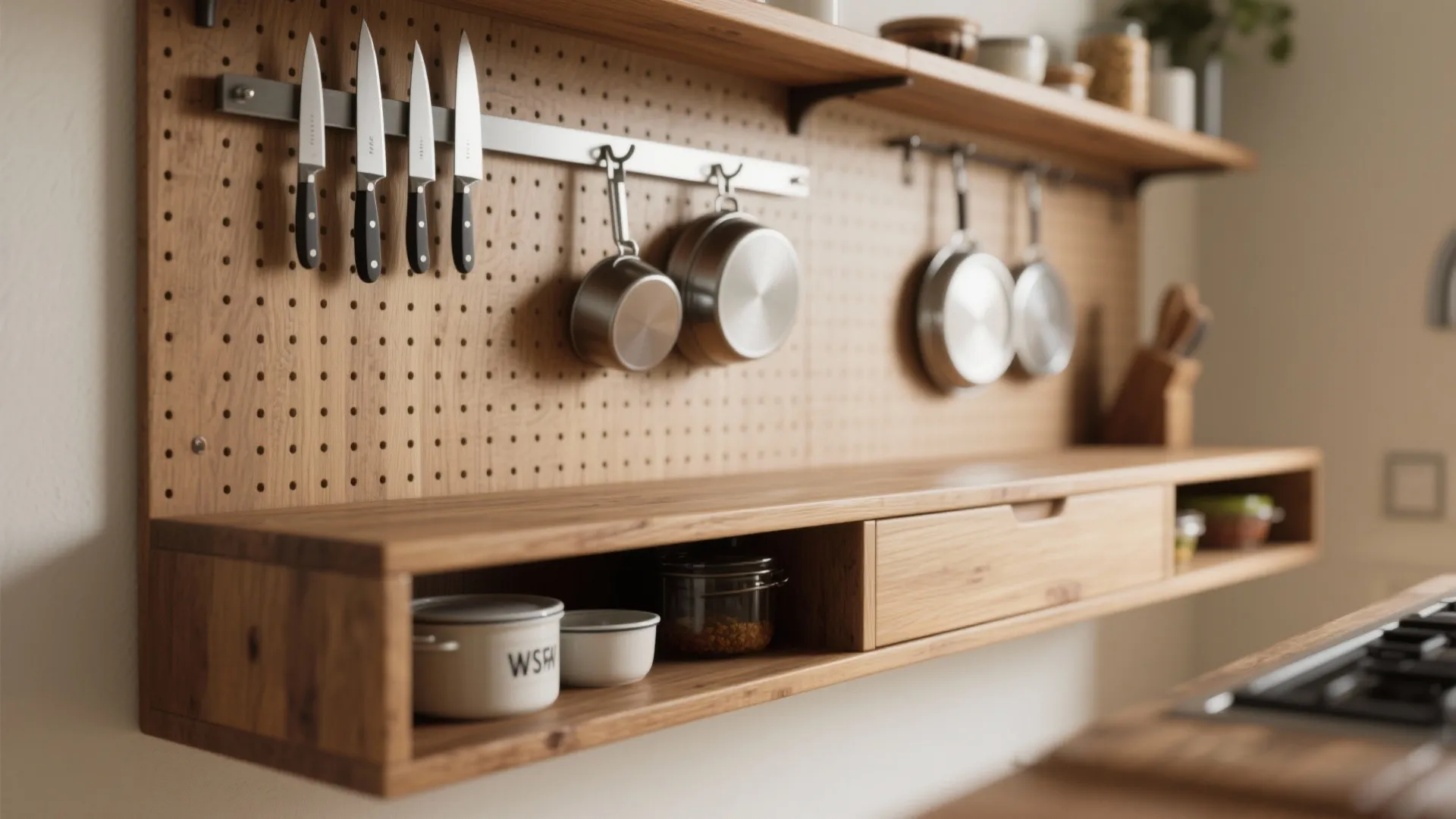 4. Narrow console table repurposed as a prep counter with vertical organizers