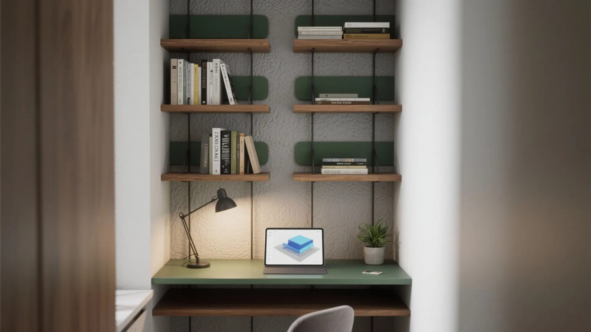 Small home office nook with green desk wooden wall shelves books lamp and tablet display