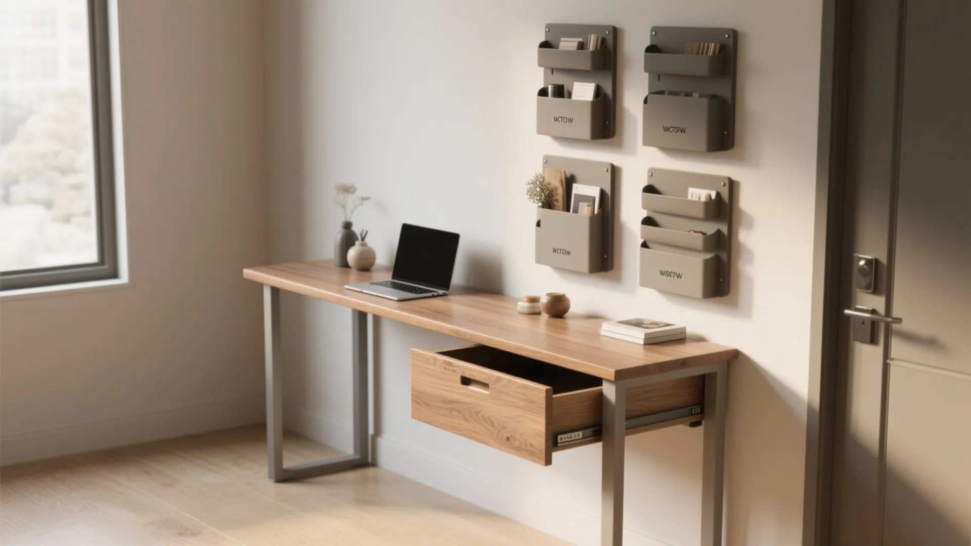 Wooden desk with an open drawer laptop and wall mounted storage pockets in bright office