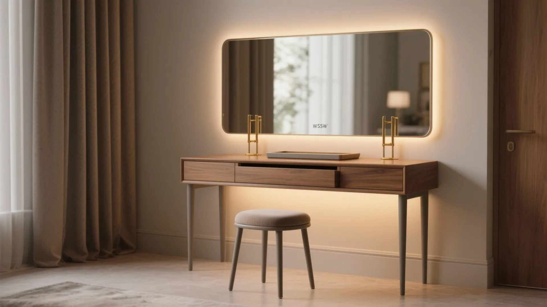 Modern wooden dressing table with large backlit mirror small stool and gold light fixtures inside