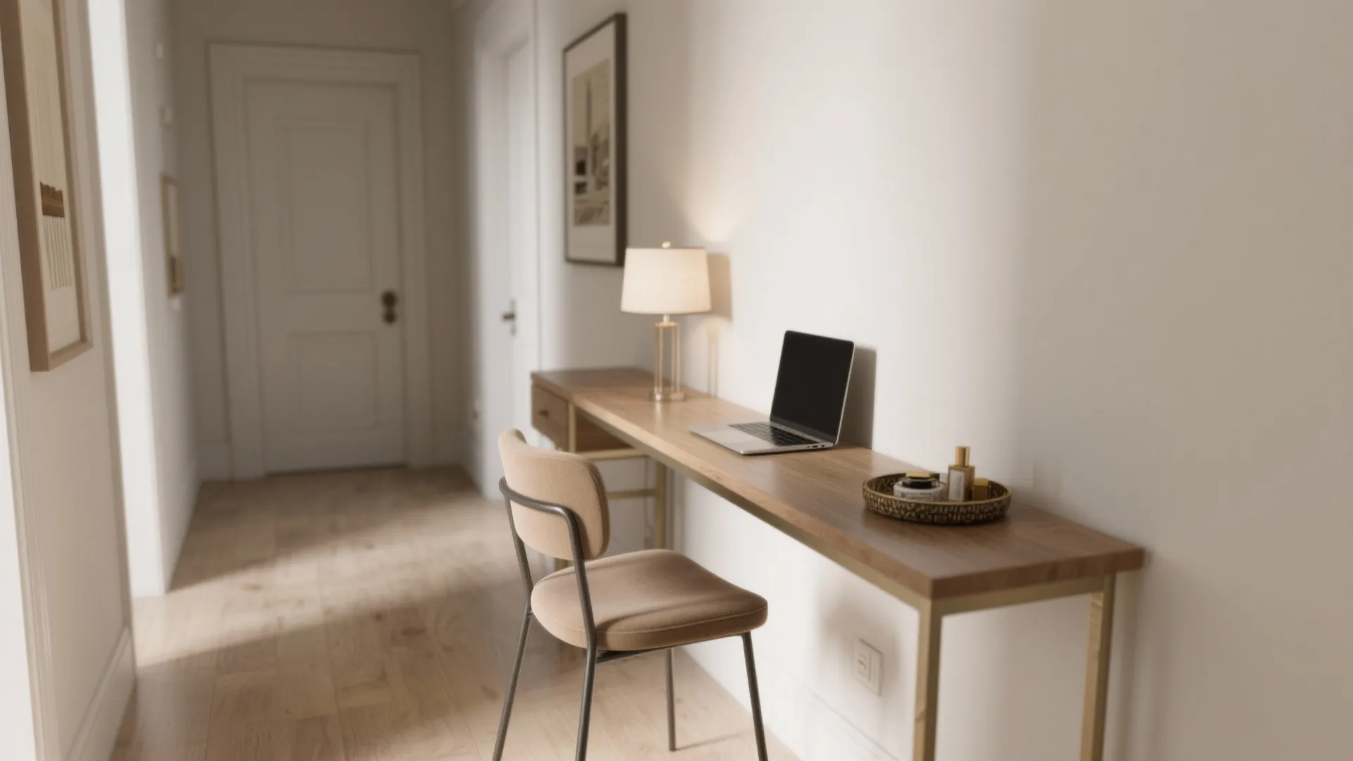 Narrow wooden table in hallway with a laptop table lamp and chair on wooden floor