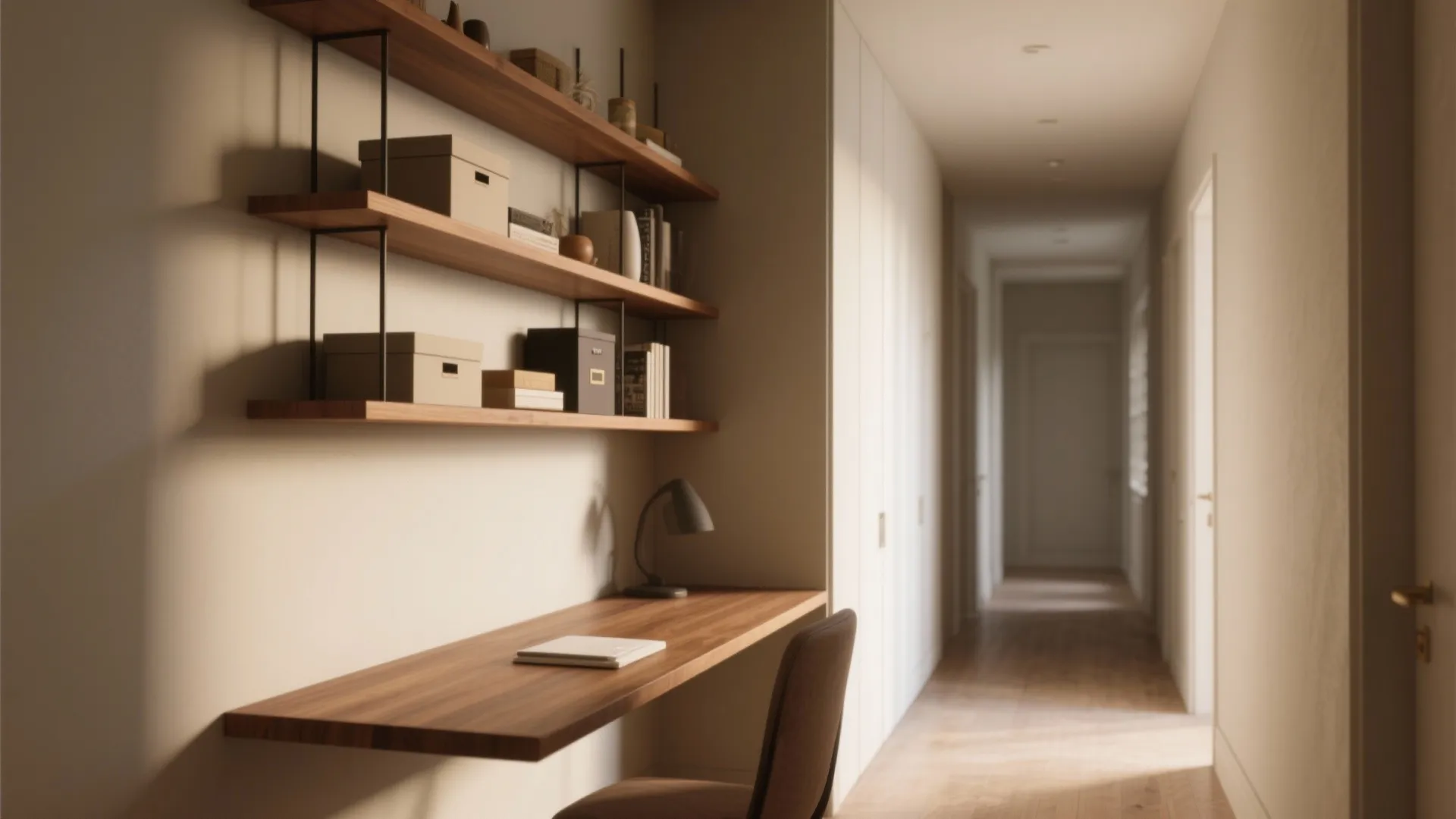 2. Narrow console desk with built-in shelves