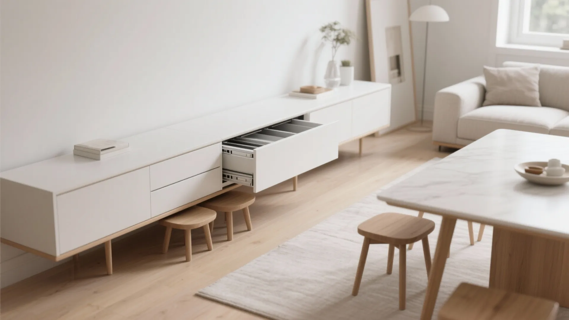 Minimalist white wall cabinet with open drawer and wooden stools and white sofa and table