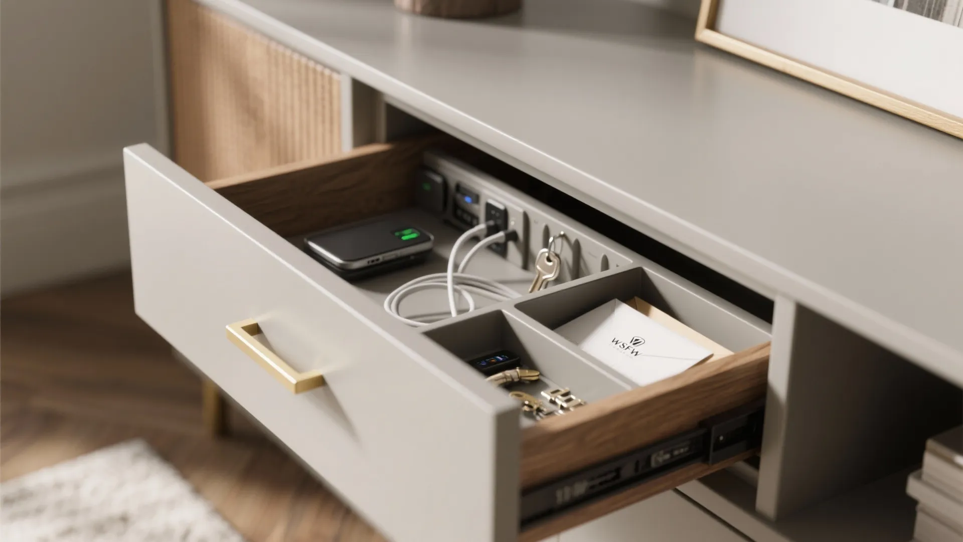 Narrow console with hidden drawers