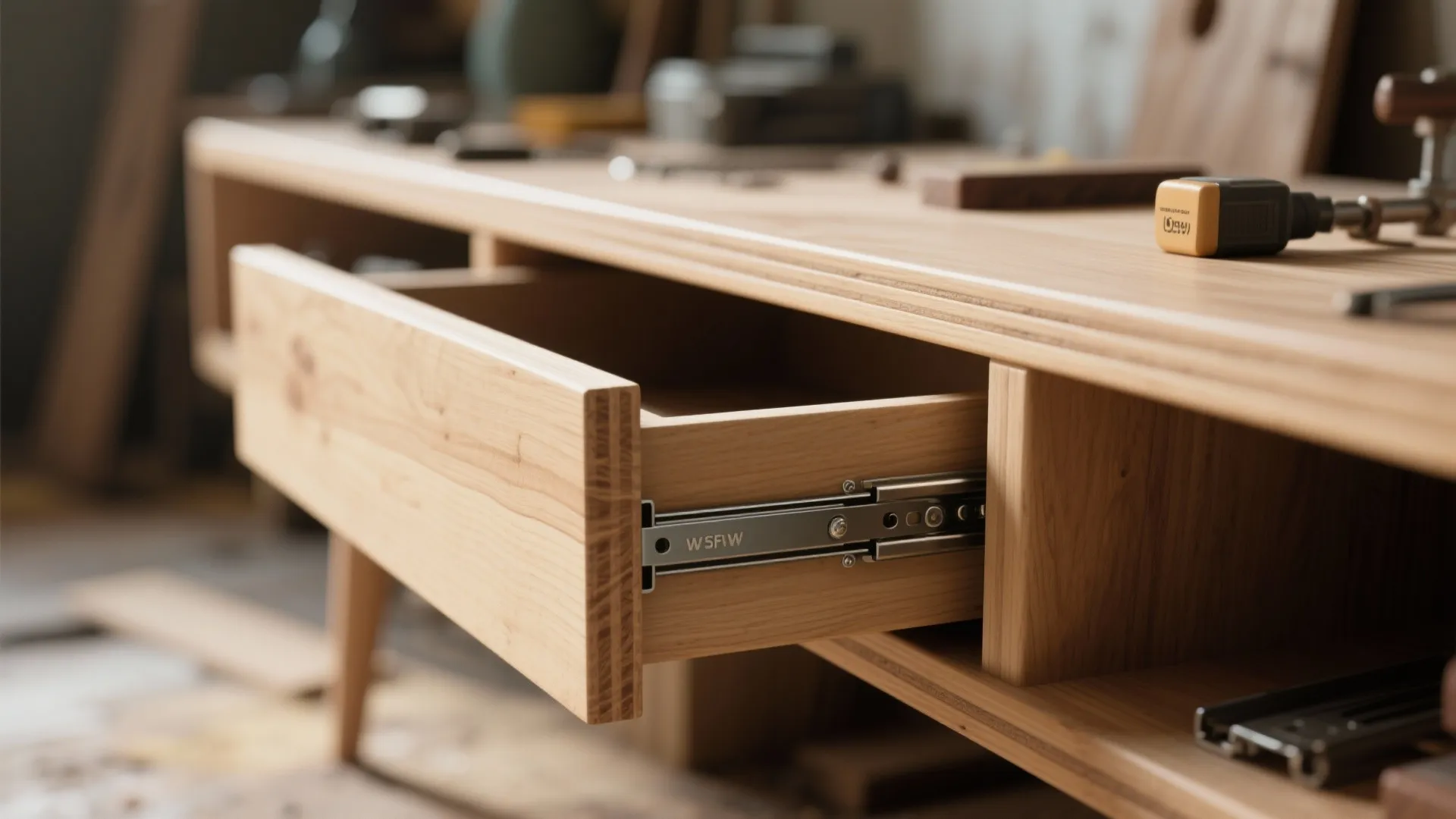 Close up of an open wooden drawer showing metal slide hardware in a bright workshop