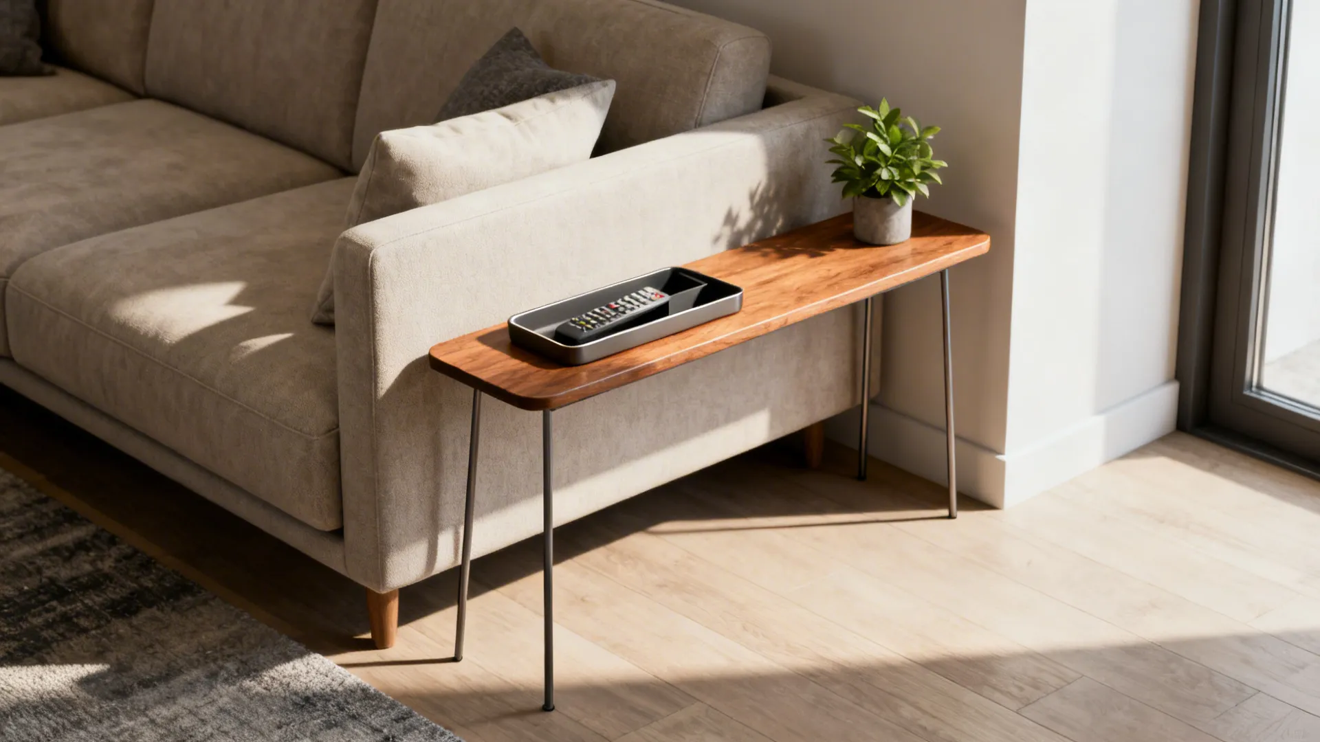 Slim wooden side table placed behind a beige sofa with a small plant and remote control