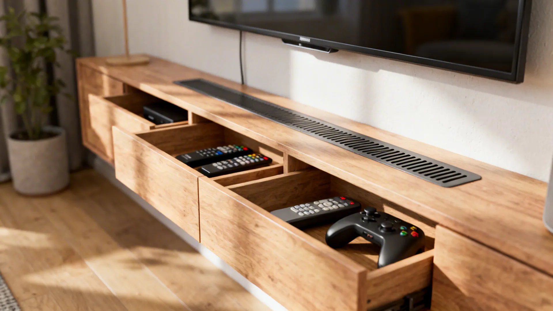 Narrow multipurpose console beneath a wall-mounted TV with drawers and cubbies.