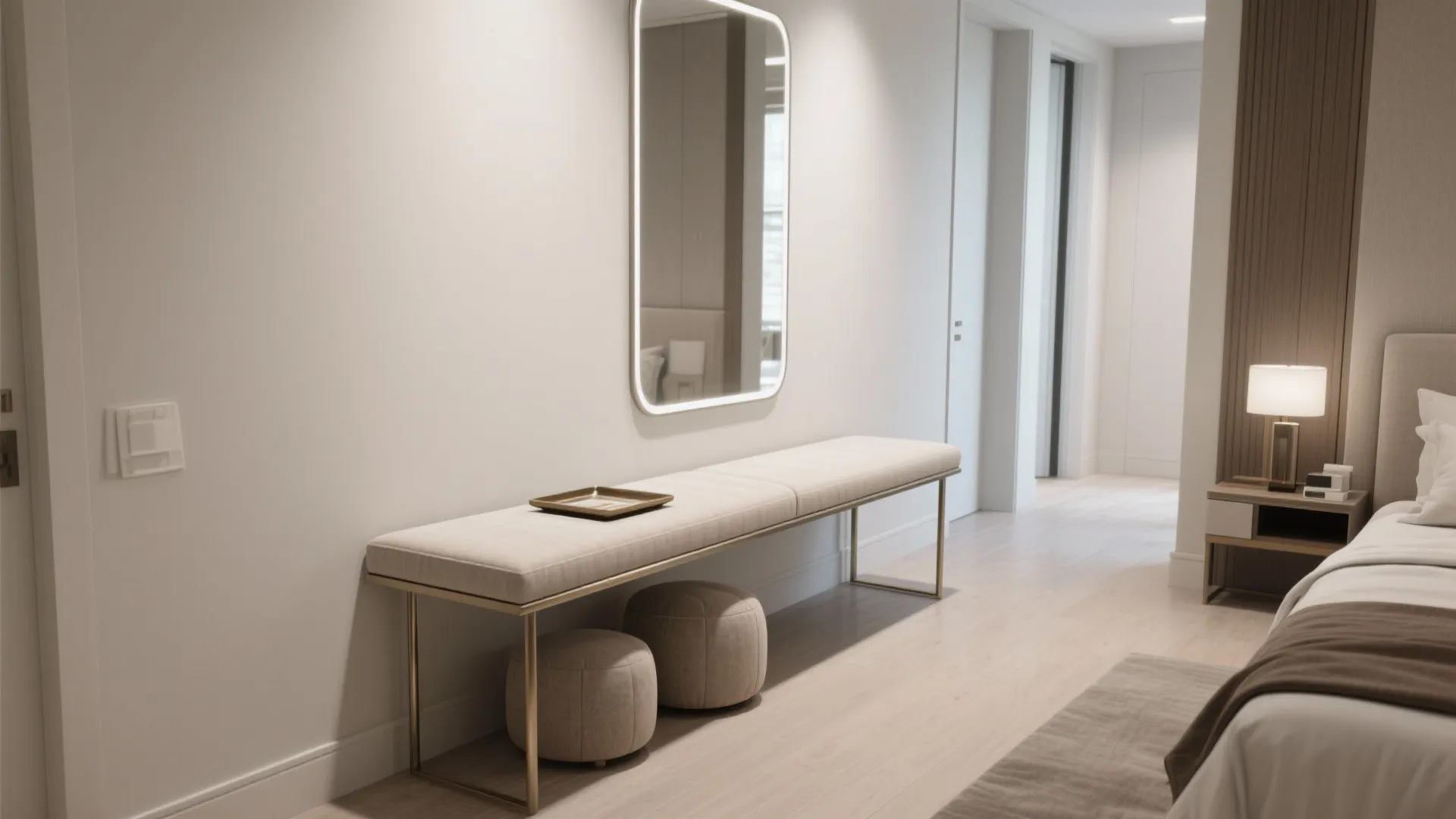 Long narrow white bench against a wall with a mirror and two round footrests underneath