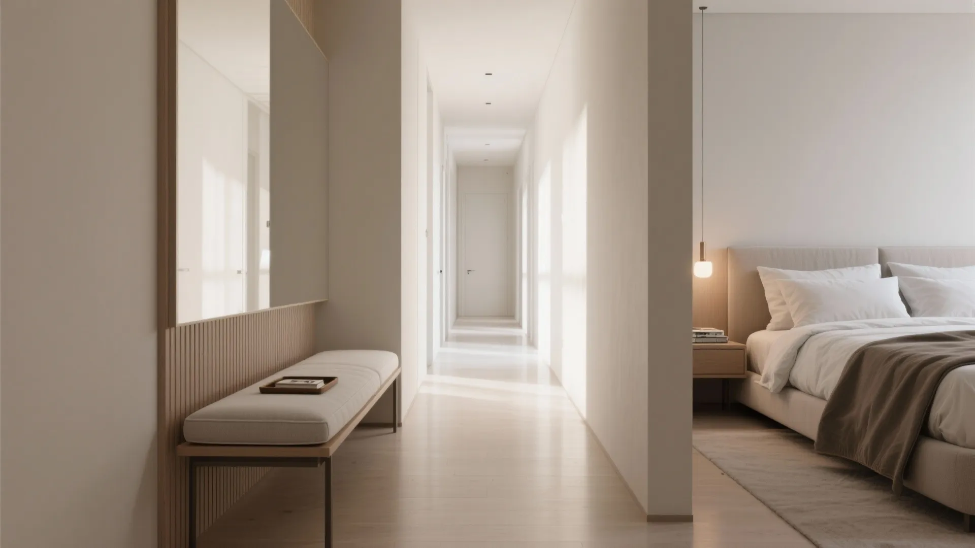 Narrow hallway with a white bench large wall mirror and a view into a bedroom