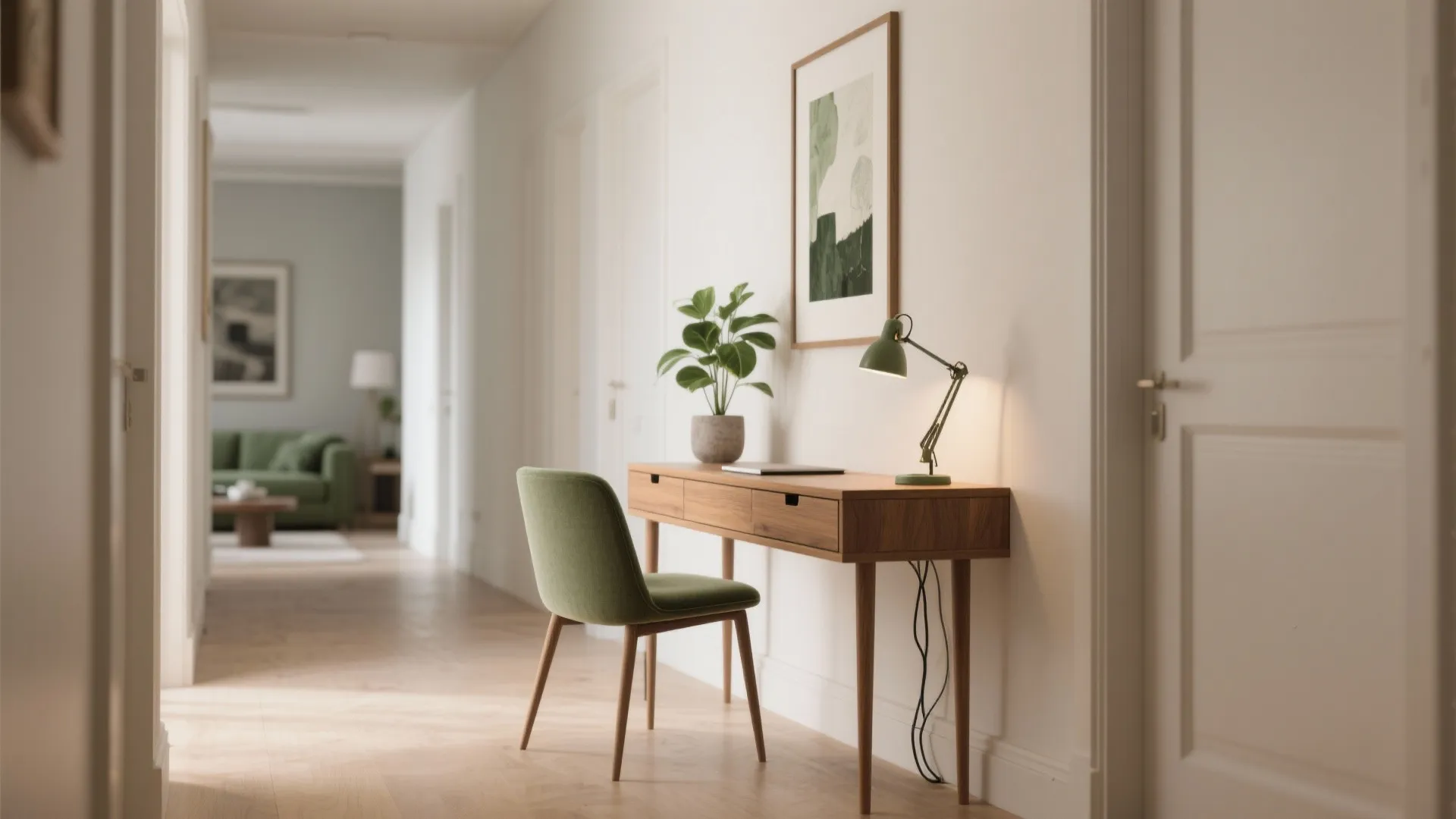 Hallway narrow console converted into an elegant mini desk with lamp, chair, shallow drawer and plant accents