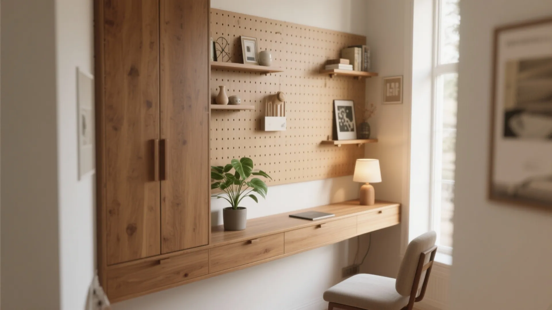 Narrow wooden wall mounted desk with drawers pegboard for storage a plant and a chair