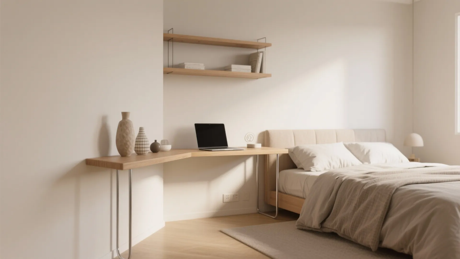 Modern minimalist bedroom featuring a wooden desk with laptop beside a bed and wall shelves