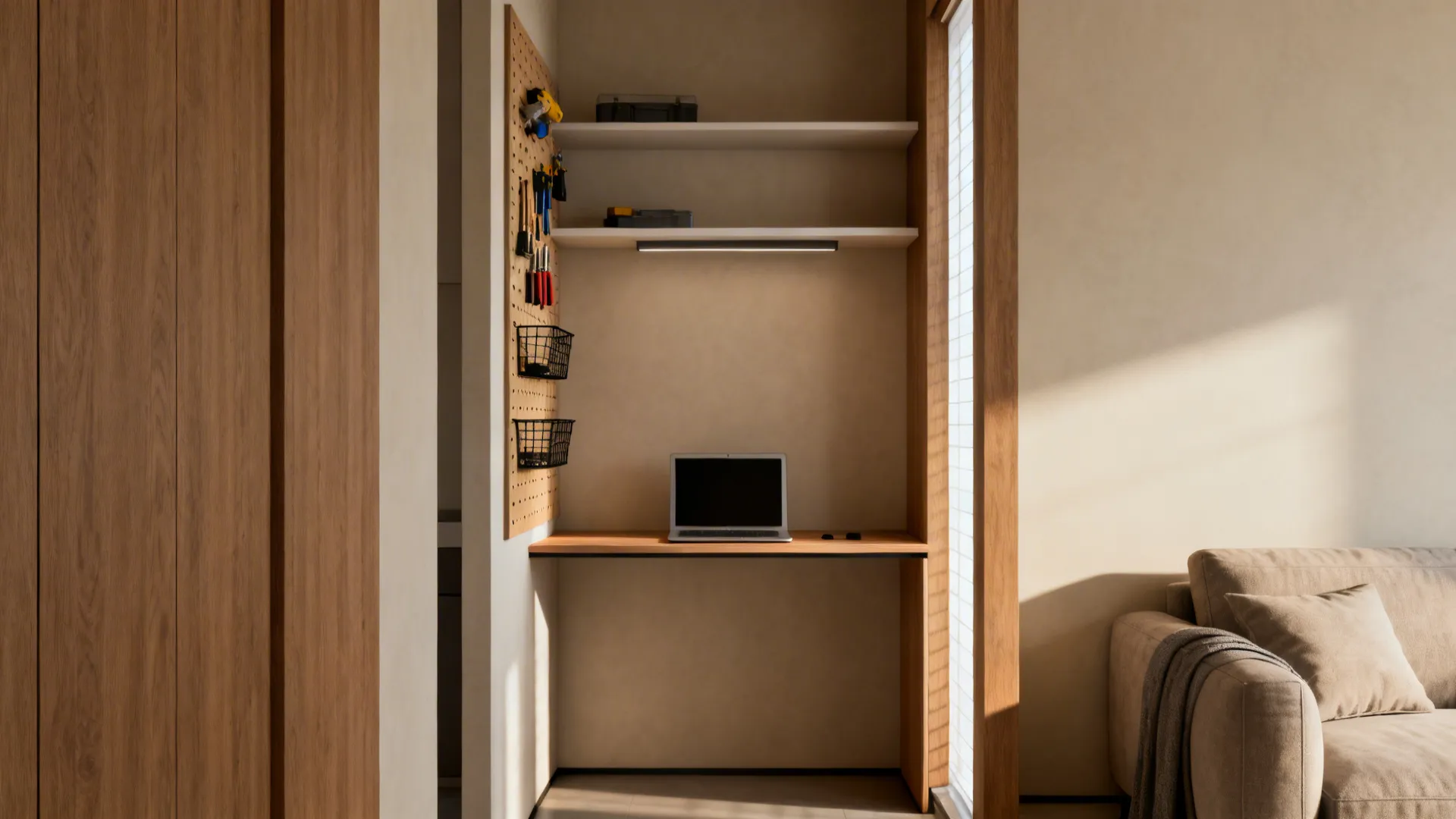Slim console desk in a hallway with floating shelves and pegboard vertical storage