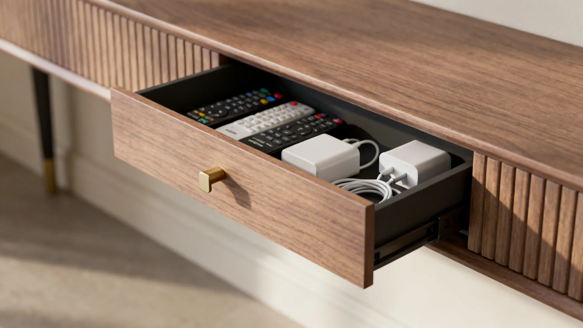 Slim console side table with an open drawer storing remotes and chargers neatly.