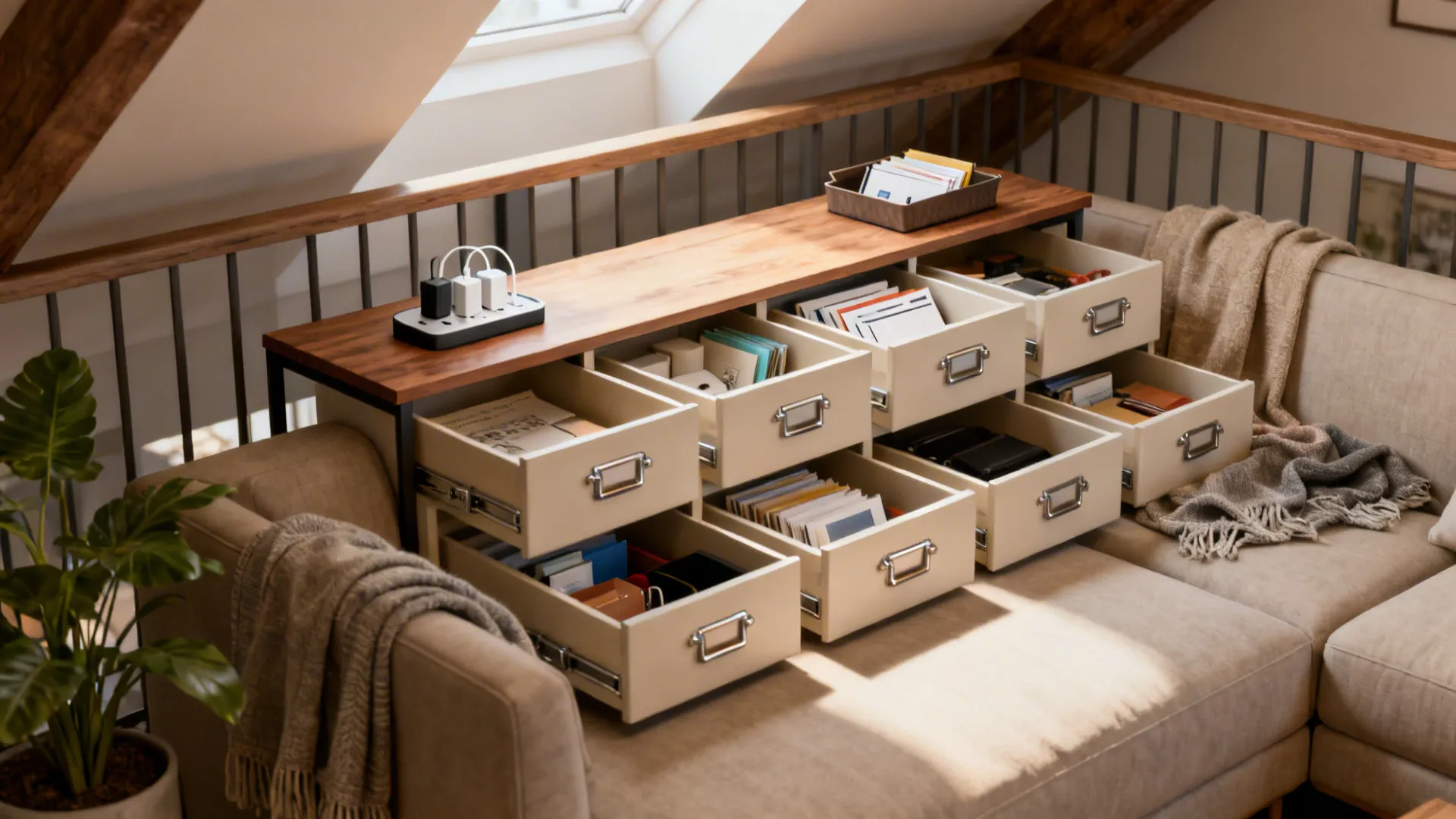 Narrow console with multiple small drawers used as a living room command center behind a sectional