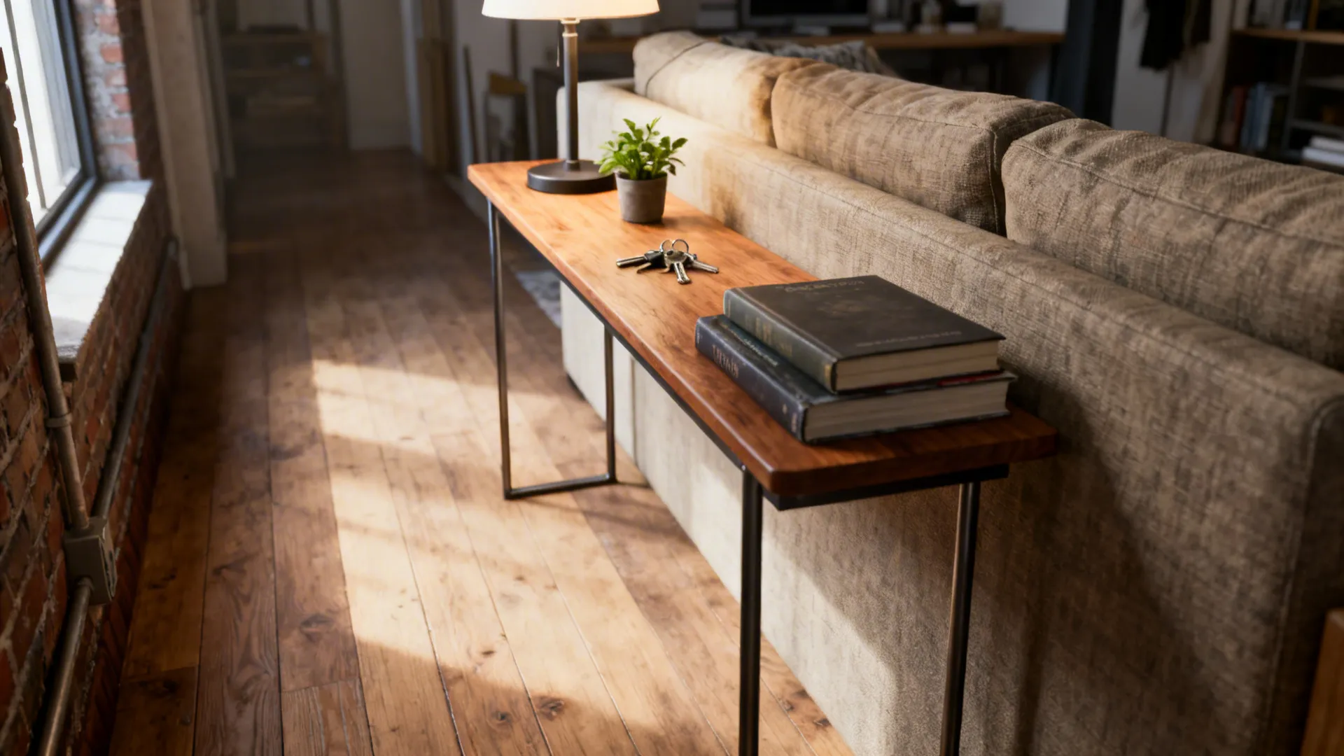 Slim console table beside a sofa used as an end table with lamp, plant, and books.