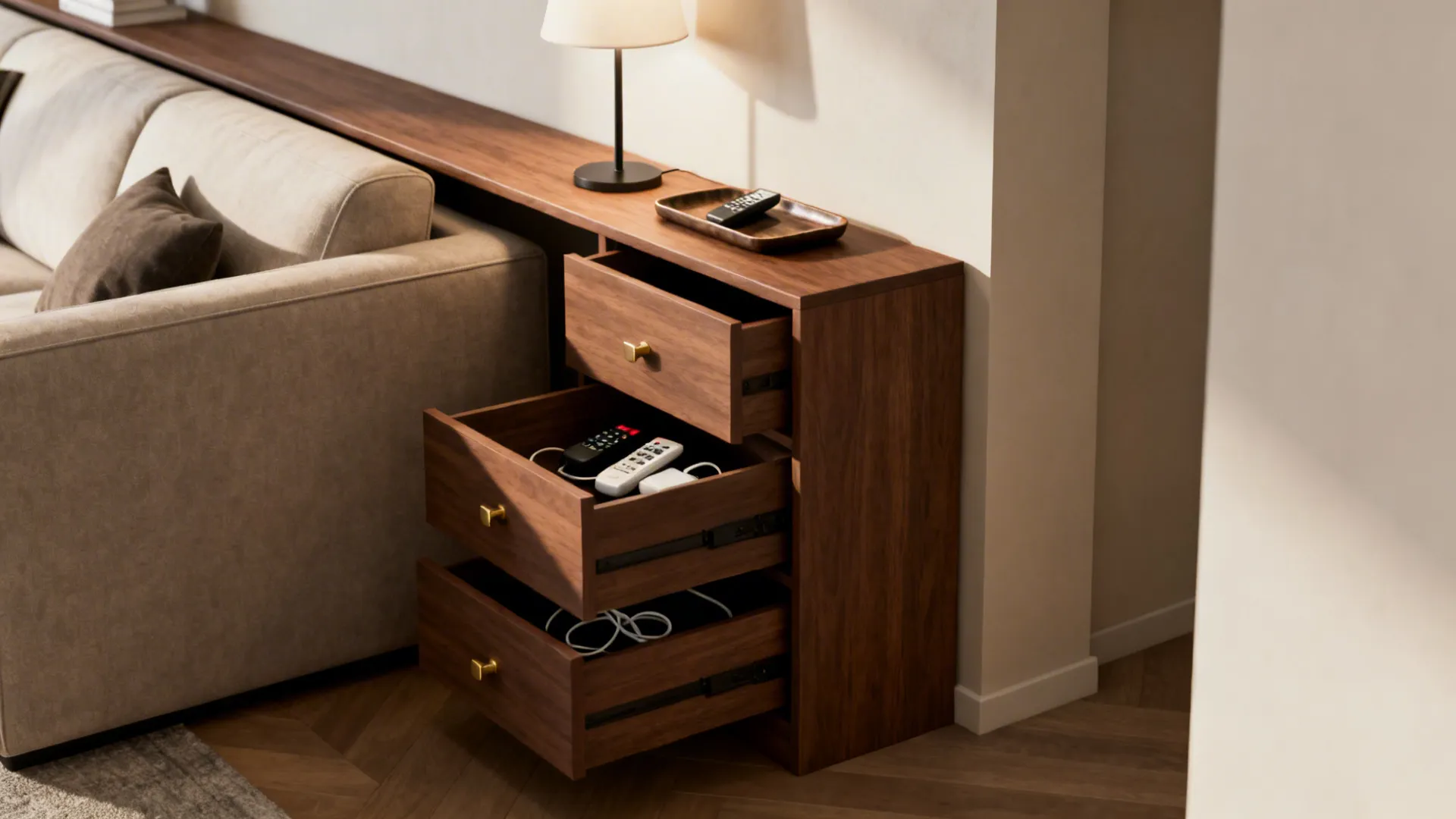 Narrow wooden table behind sofa with three open drawers holding remote controls and white charging cables