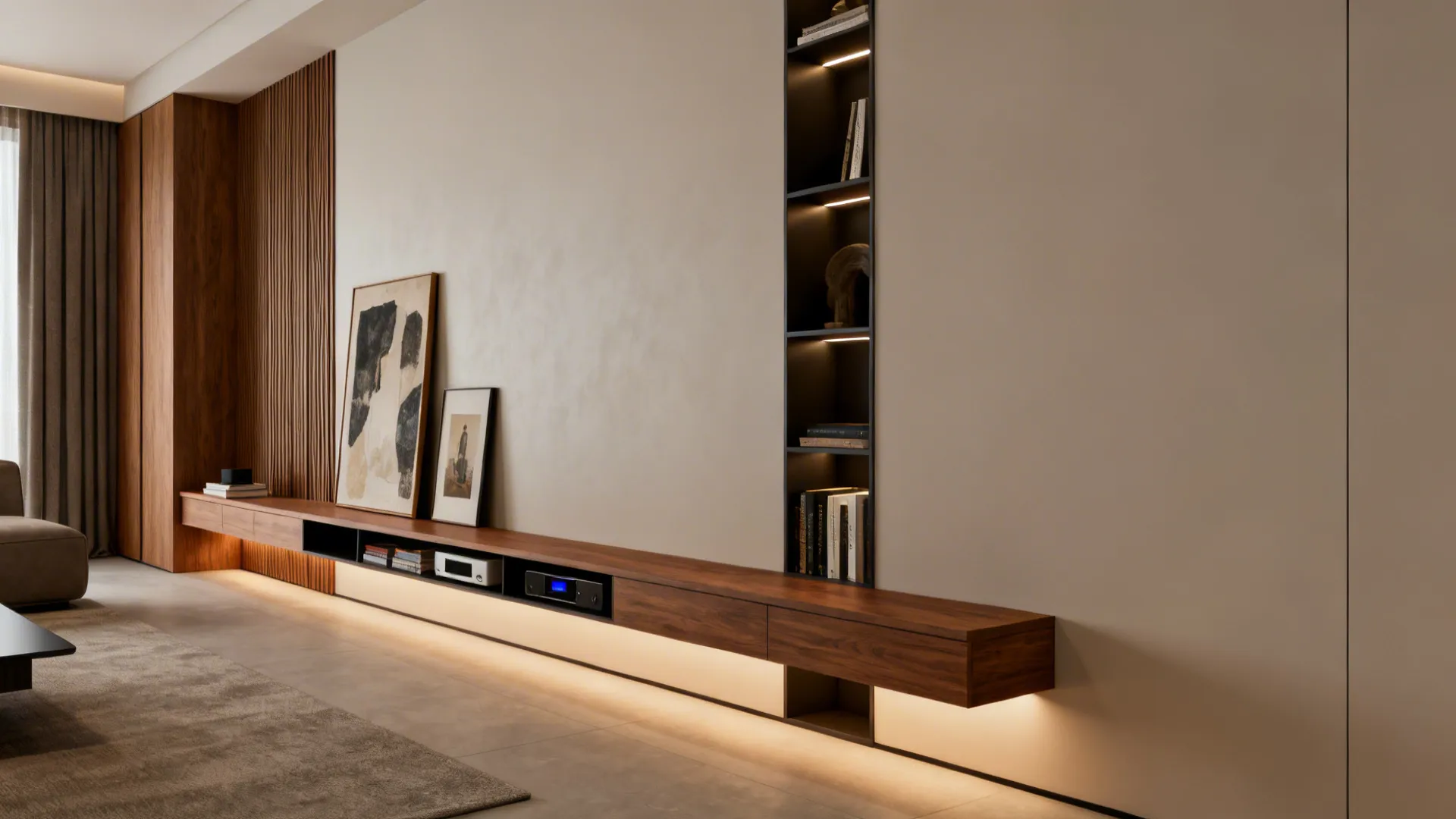 Minimalist floating wooden cabinet with warm under lighting, art frames, and a tall thin bookshelf