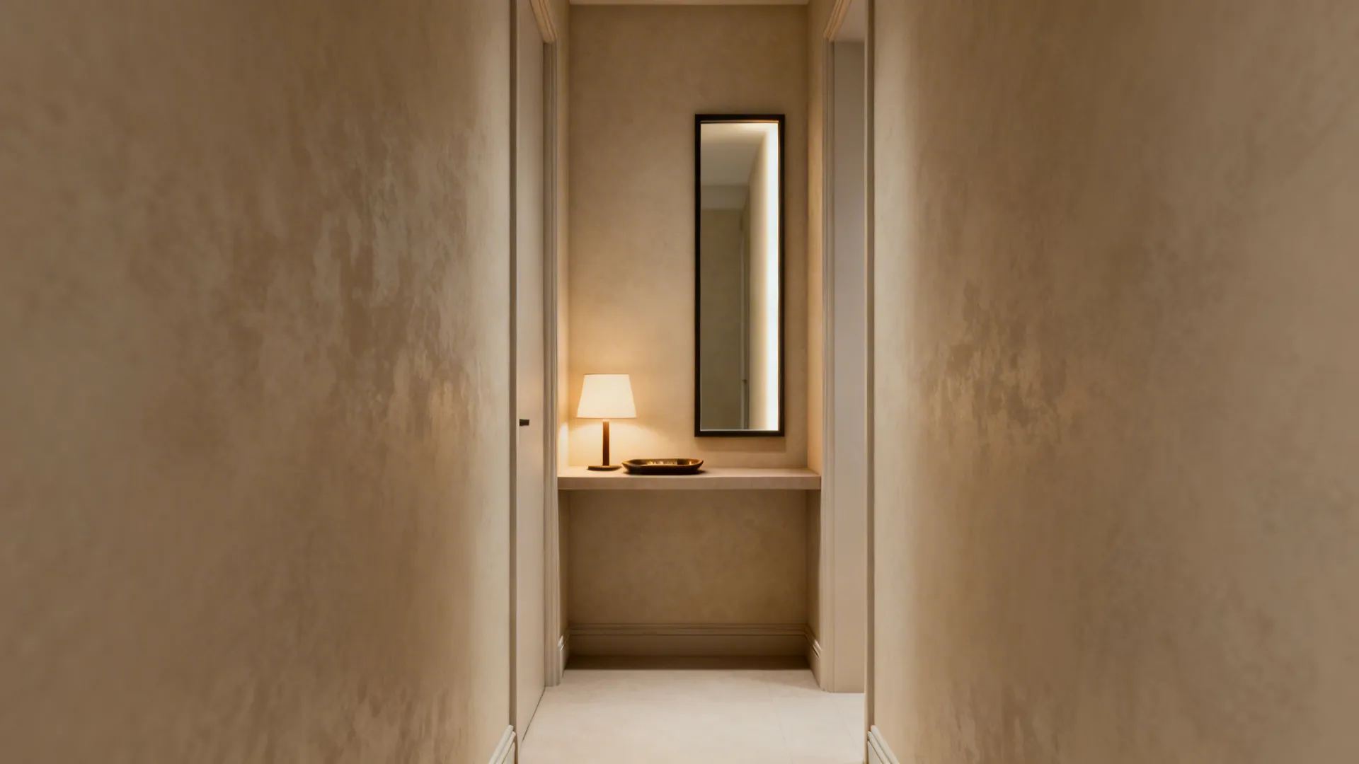 Narrow console table with lamp and tall framed mirror in a small entryway