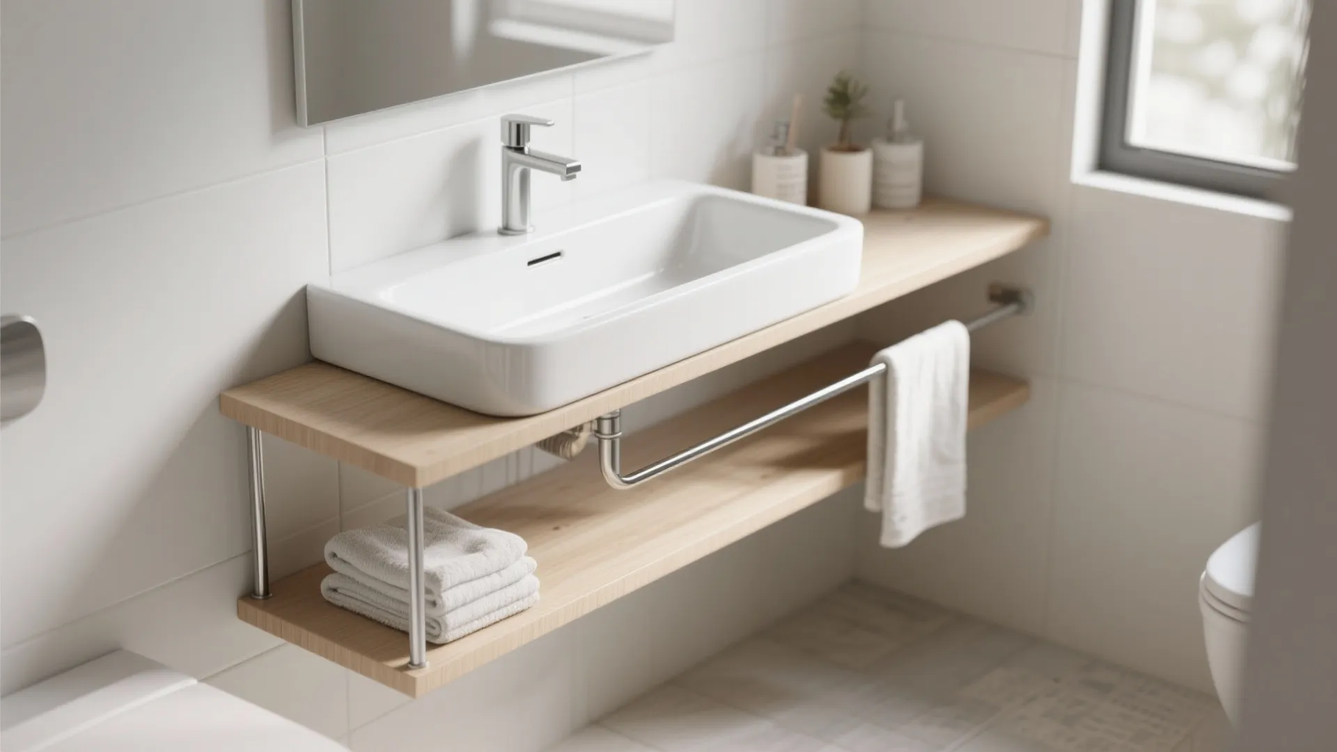 Modern white bathroom sink on wooden shelves with white towels and a simple metal faucet