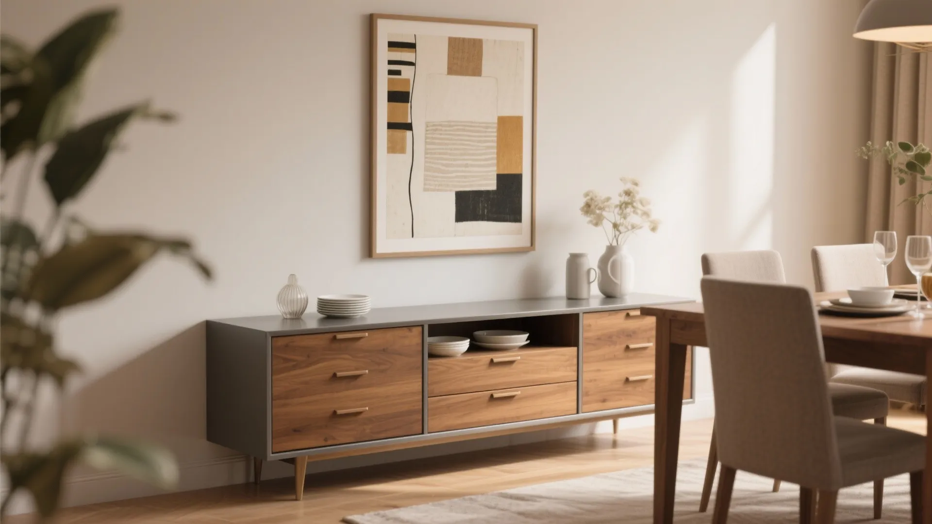 Narrow console table in dining room with drawers and wall art above