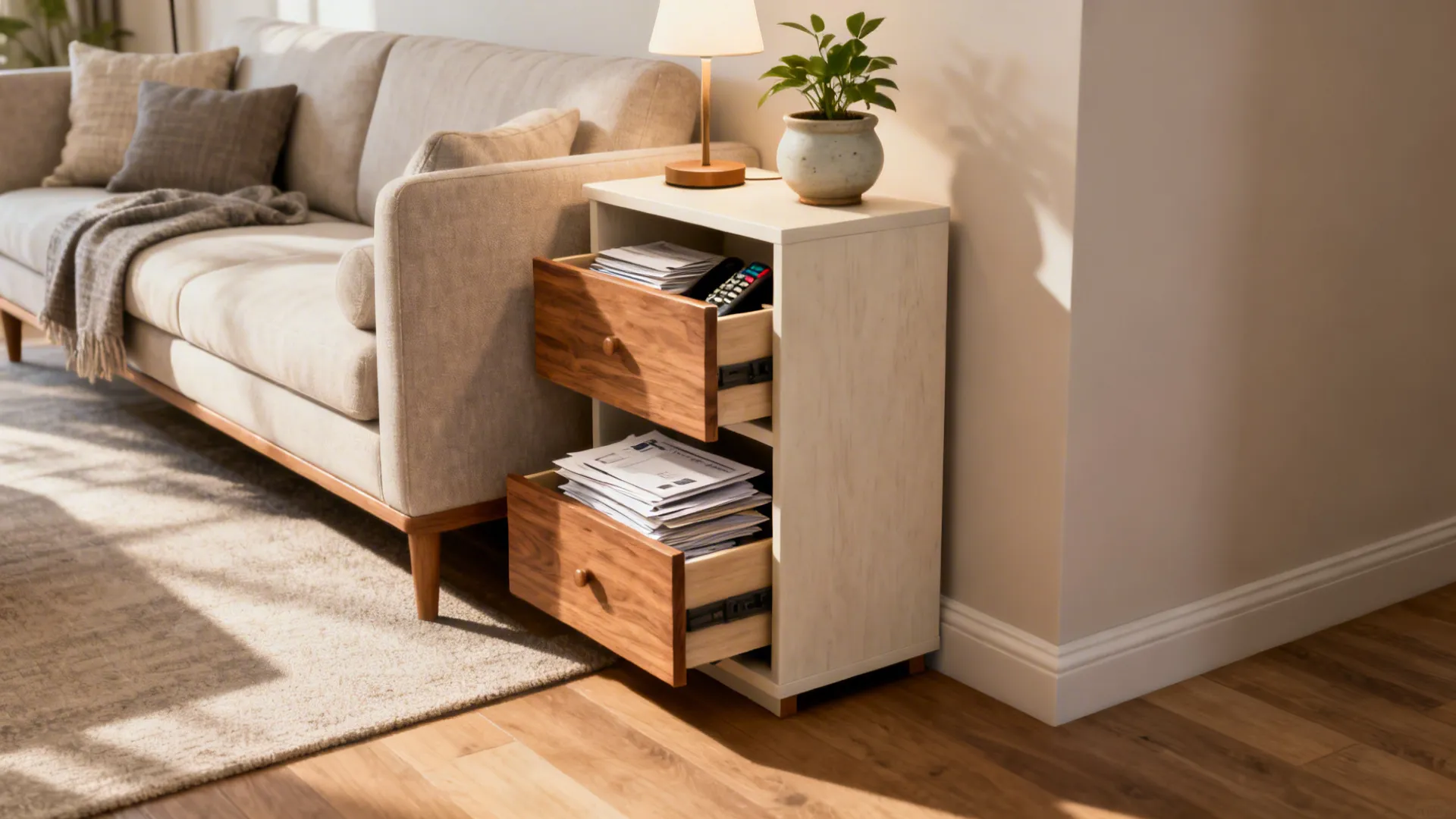 Slim console with drawers and cubbies behind a sofa, holding lamp and plant, showing walkway clearance.