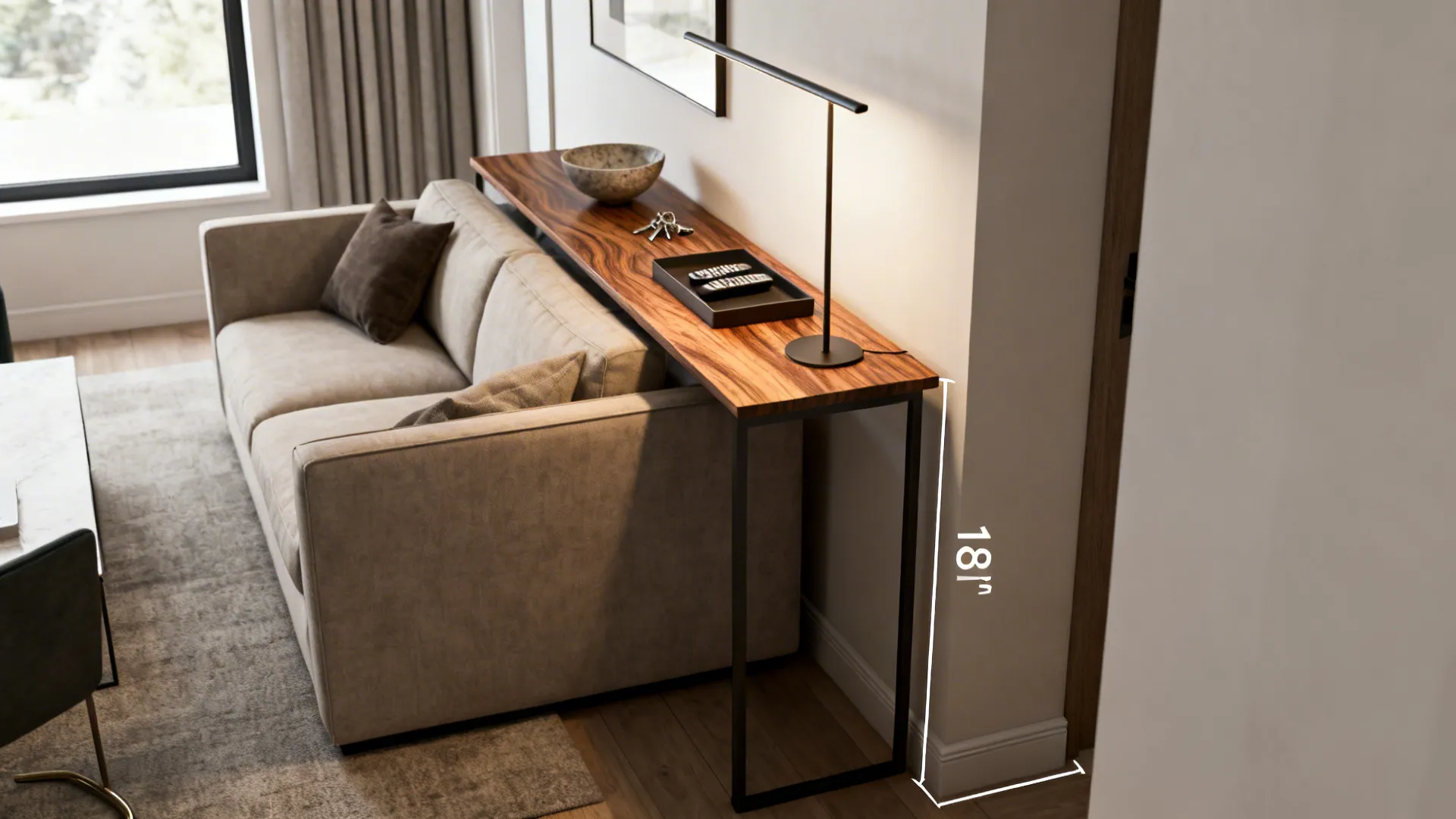 Narrow console side table behind a sofa with a lamp and tray in a slim living room