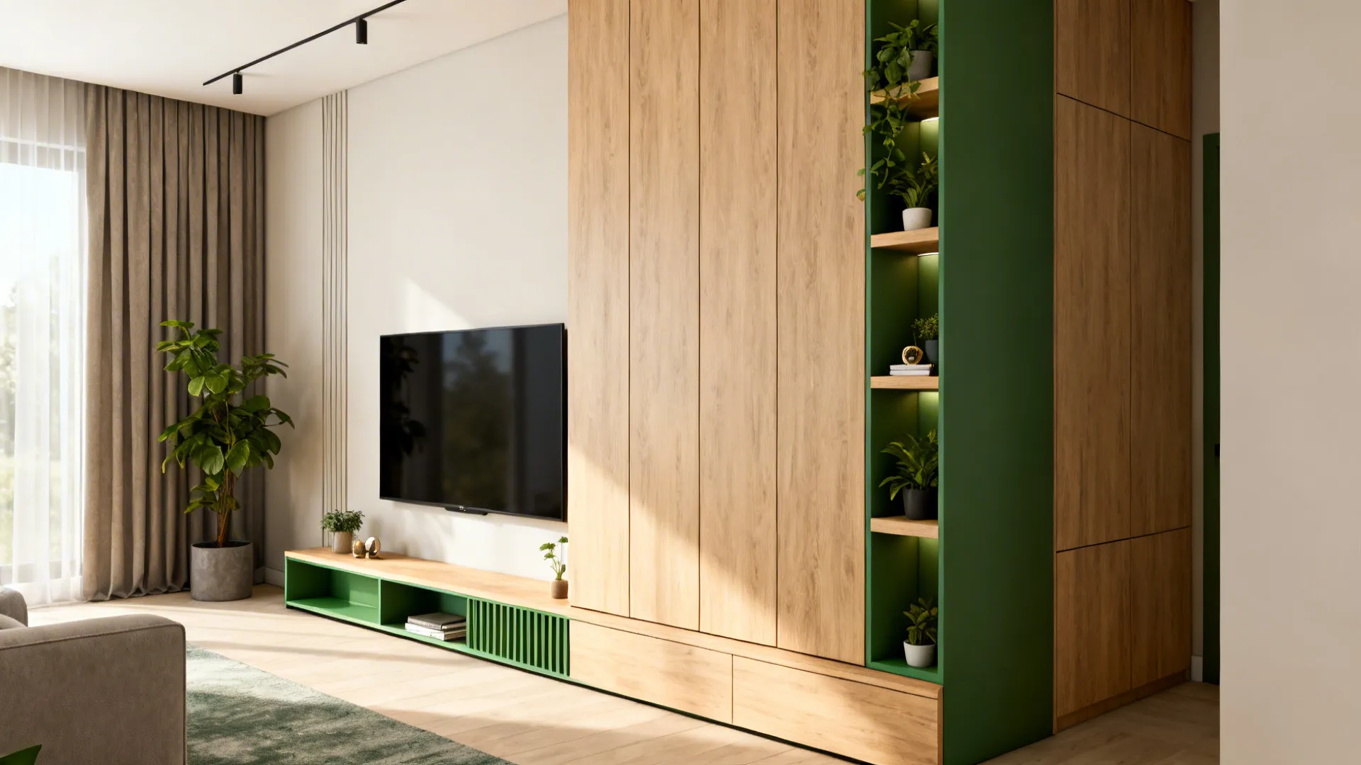 Slim TV console with tall vertical storage and staggered shelves in a compact living room.