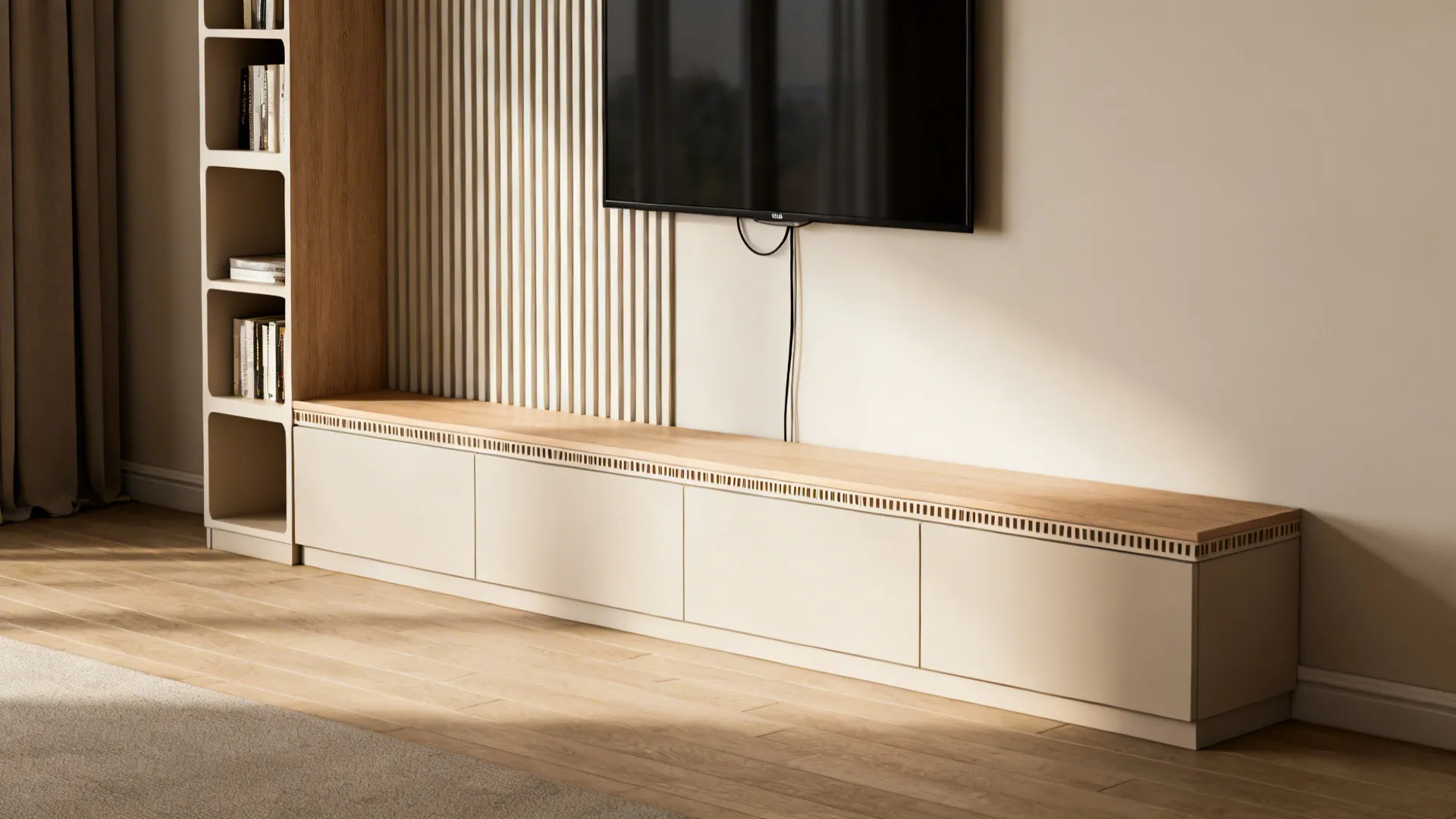 Slim console with vertical storage and a tall bookshelf balancing proportions in a small living room.