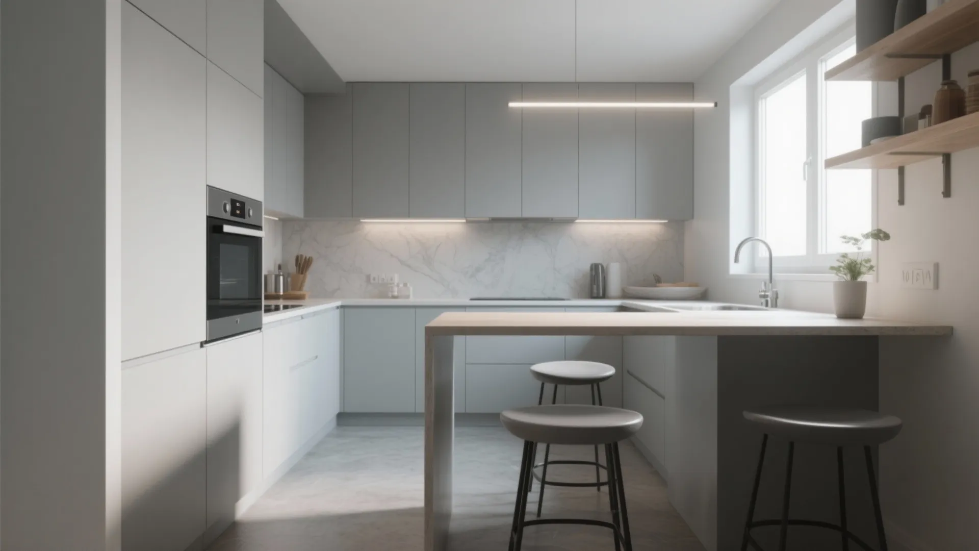 Galley kitchen with a slim counter-height dining table
